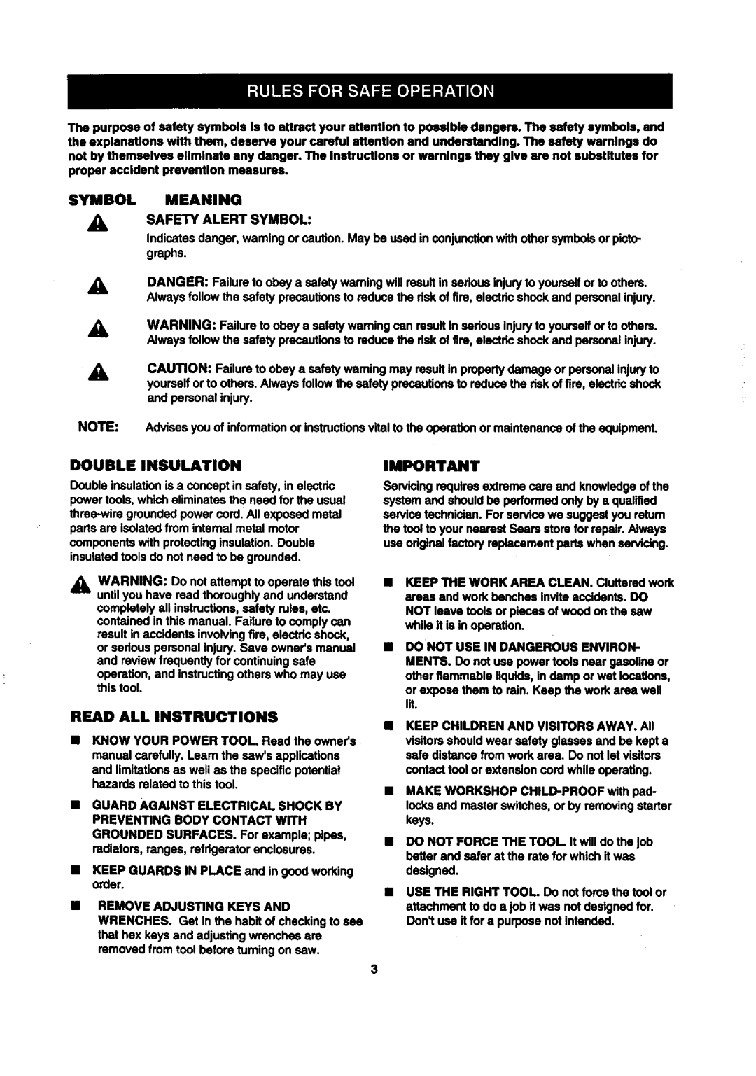 Craftsman 315.2121O0 owner manual Double Insulation, Read ALL Instructions, Meaning Safety Alert Symbol 