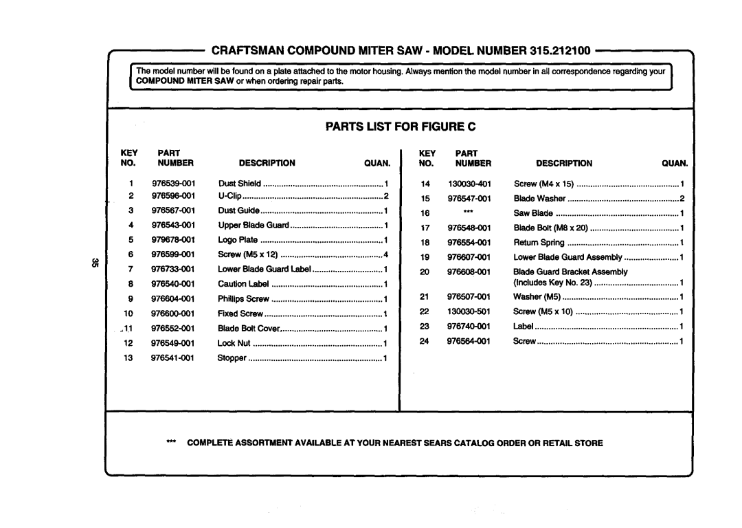 Craftsman 315.2121O0 owner manual Parts List for Figure C, KEY Part Number Description Quan 