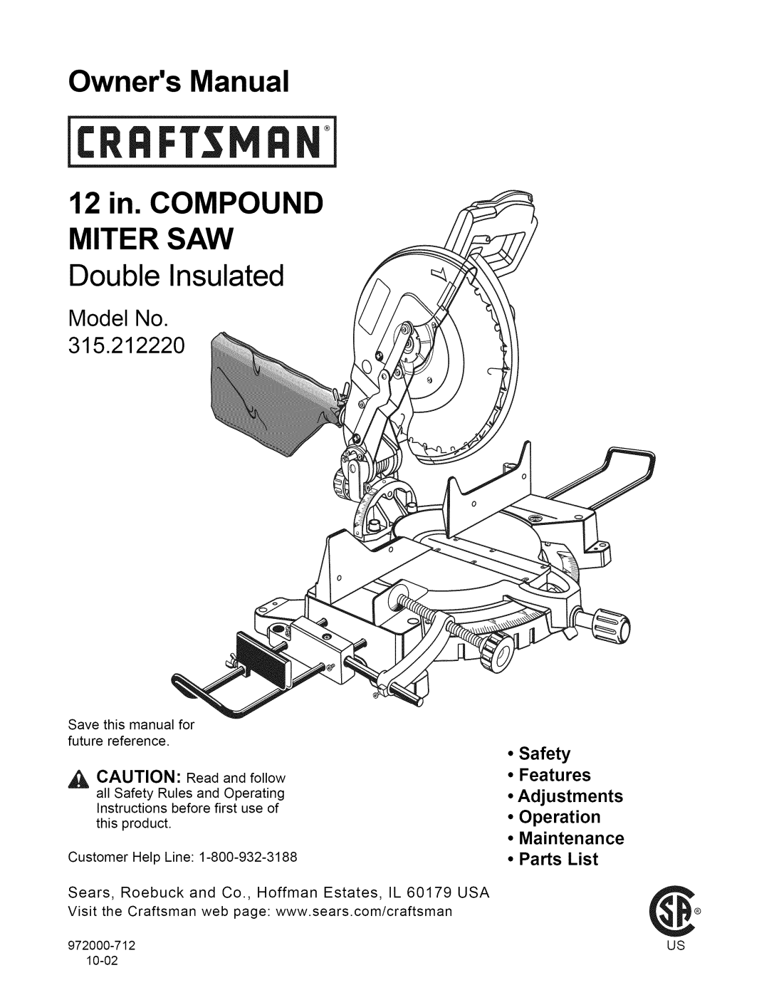 Craftsman 315.21222 owner manual 12 in. Compound Miter SAW Double Insulated 