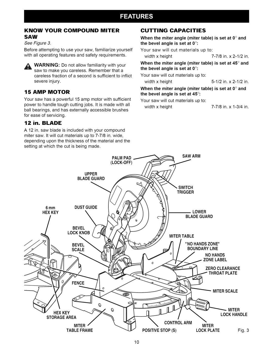 Craftsman 315.21222 owner manual AMP Motor, Cutting Capacities, Know Your Compound Miter SAW, Palmpad LOCK-OFF 