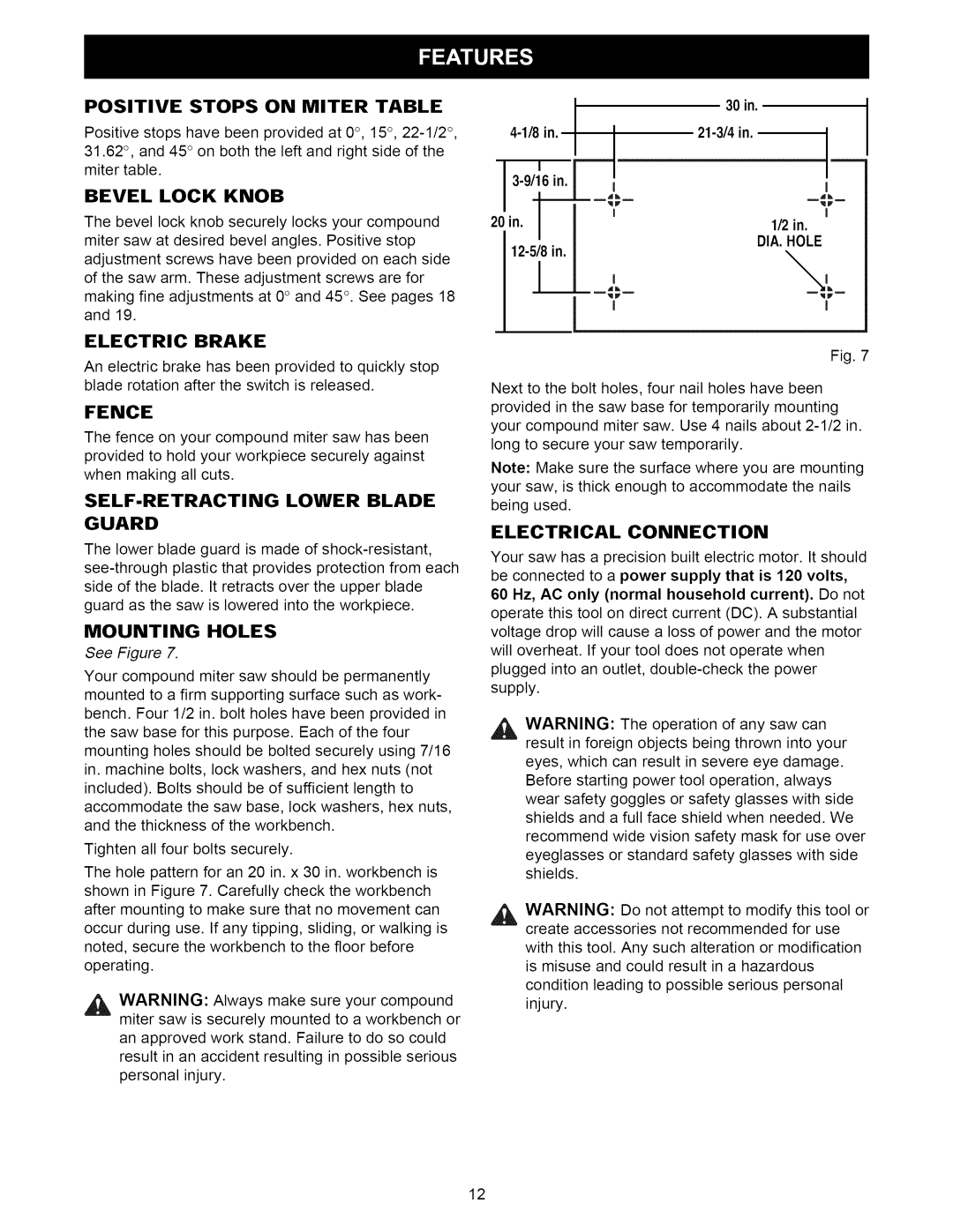 Craftsman 315.21222 owner manual Electric Brake, Fence, Mounting Holes, Electrical Connection 