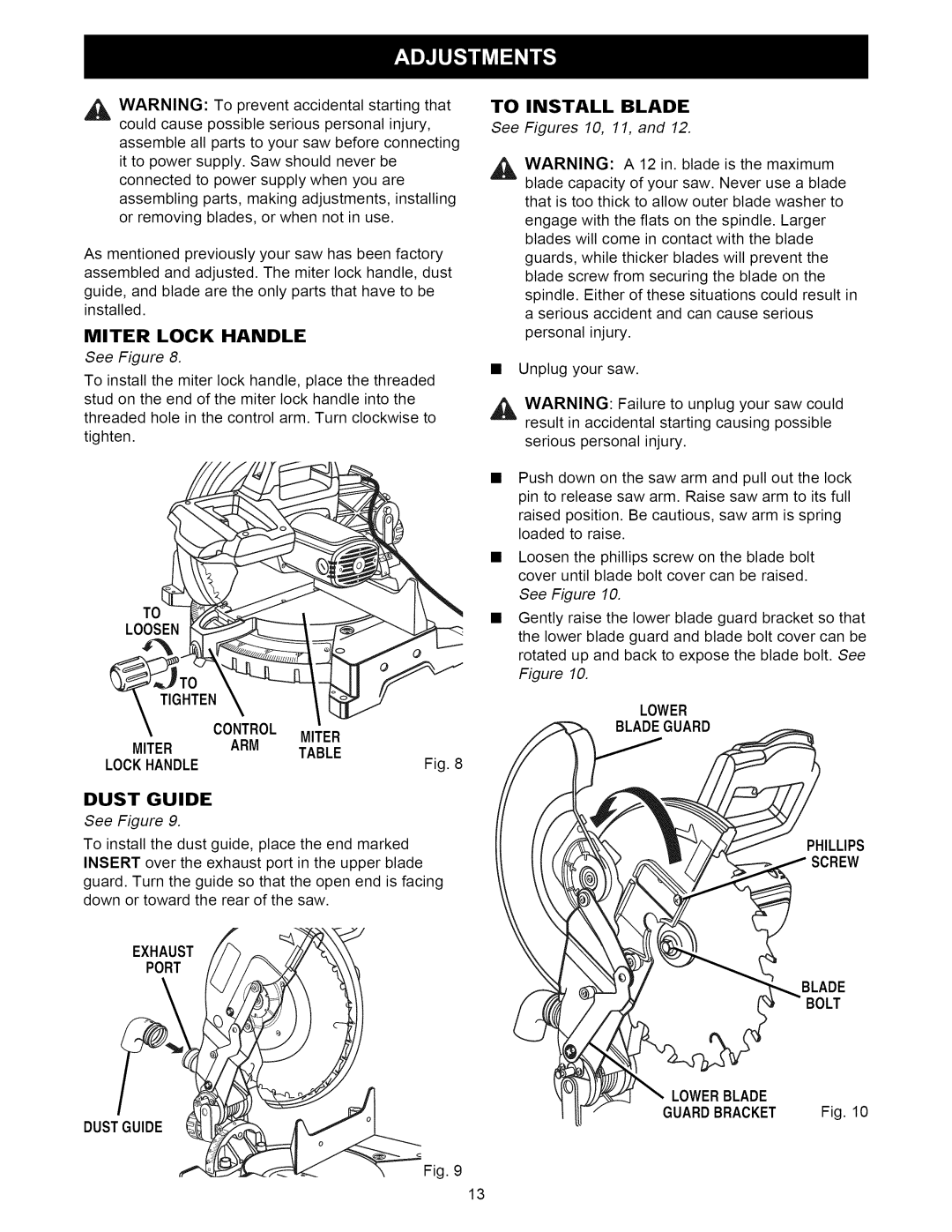 Craftsman 315.21222 Loosen Tighten Control Miter ARM Lockhandle Dust Guide, Exhaust Port Dustguide To Install Blade 