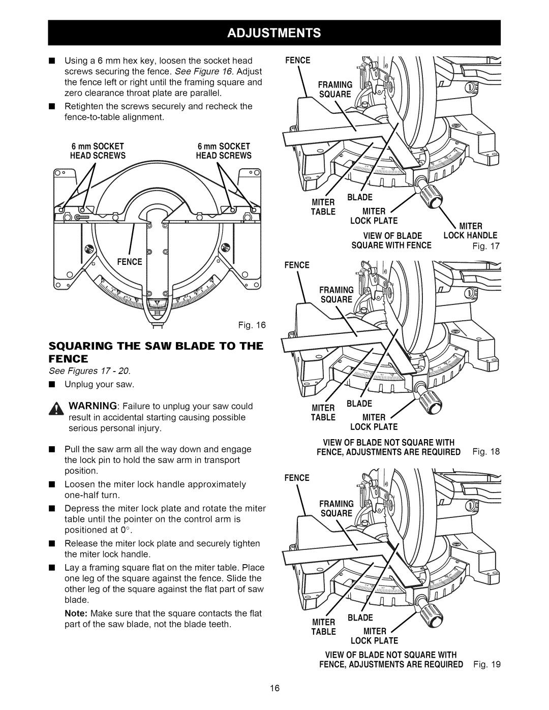 Craftsman 315.21222 Head Screws, Squaring the SAW Blade to Fence, See Figures 17, Miter Blade Table Miter Lockplate 