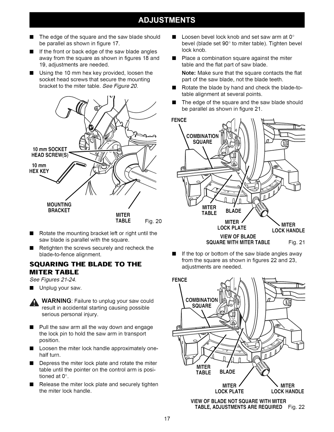 Craftsman 315.21222 owner manual Mm Socket Head, Squaring the Blade to Miter Table, See Figures, Combination 