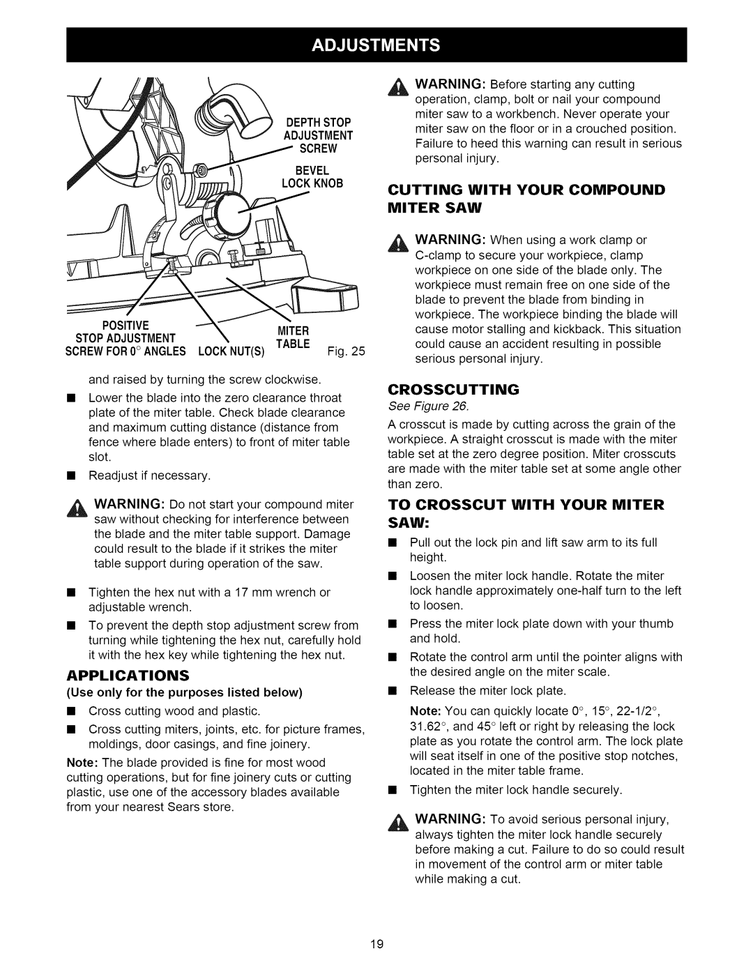 Craftsman 315.21222 Applications, Cutting with Your Compound Miter SAW, To Crosscut with Your Miter SAW, Crosscutting 