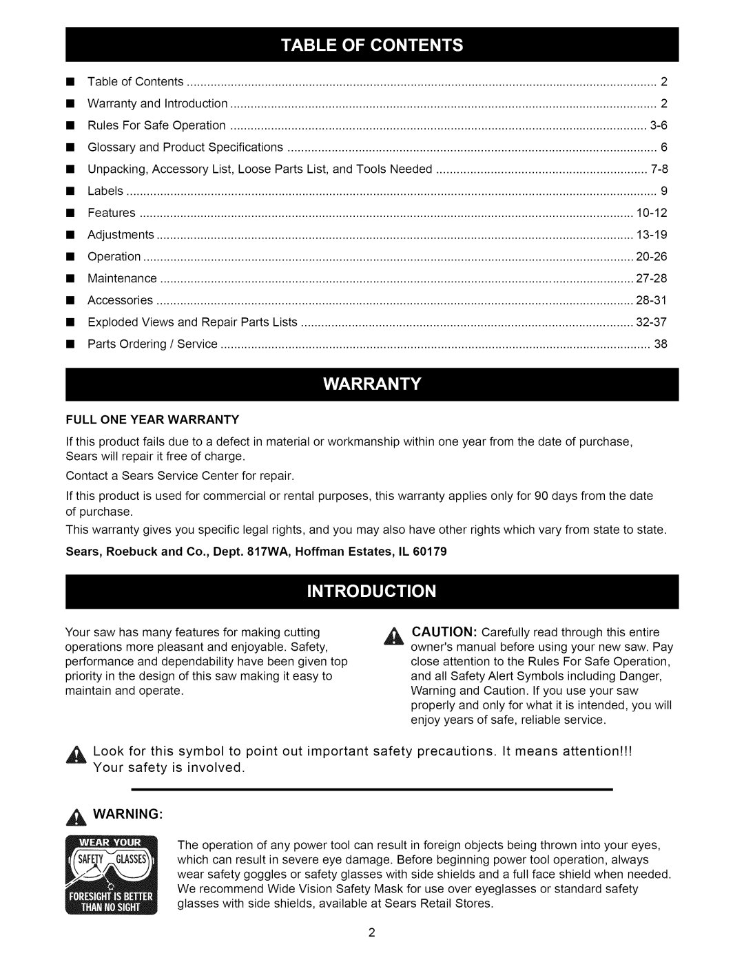 Craftsman 315.21222 owner manual Full ONE Year Warranty 