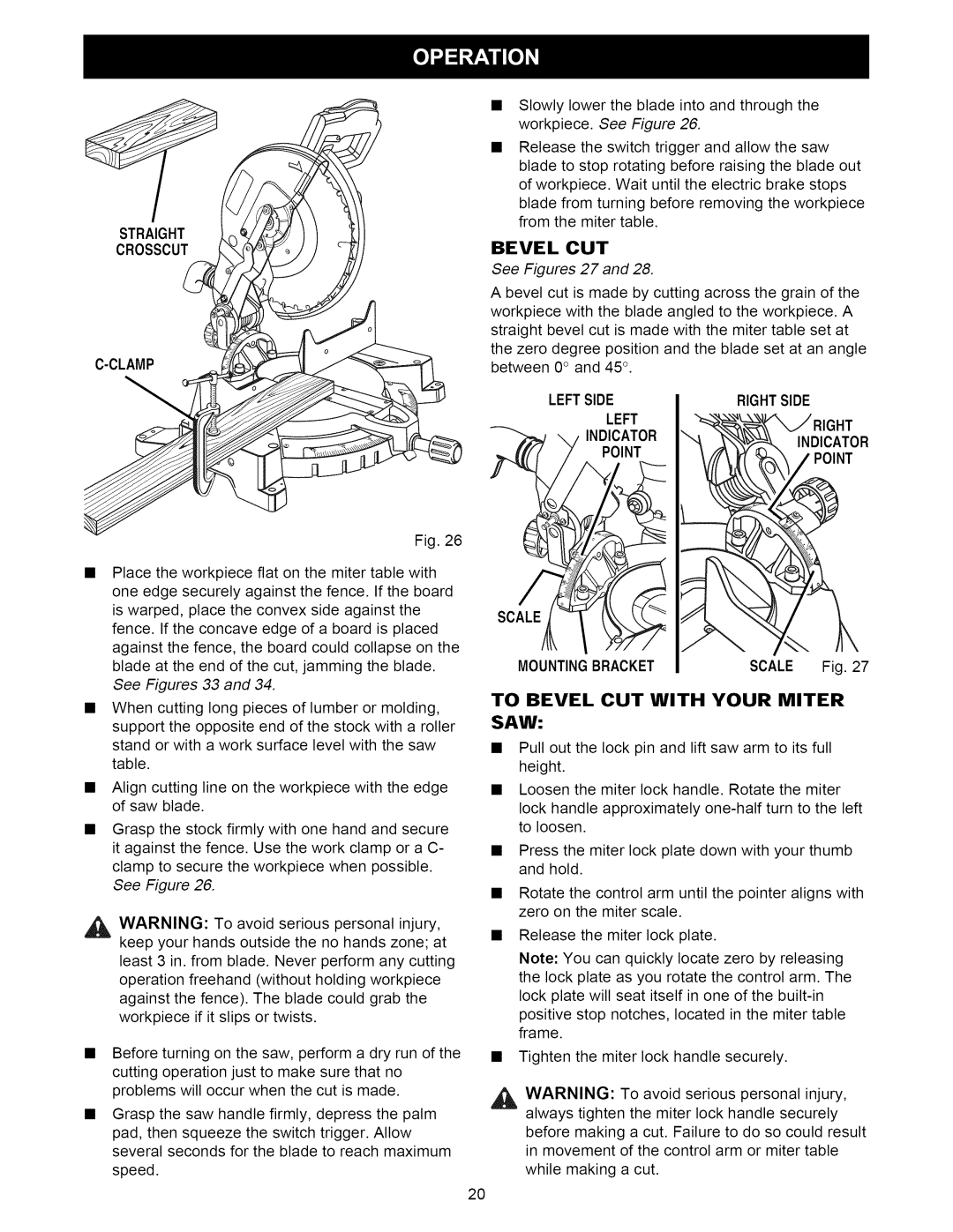 Craftsman 315.21222 owner manual To Bevel CUT with Your Miter SAW, Clamp, See Figures 27 