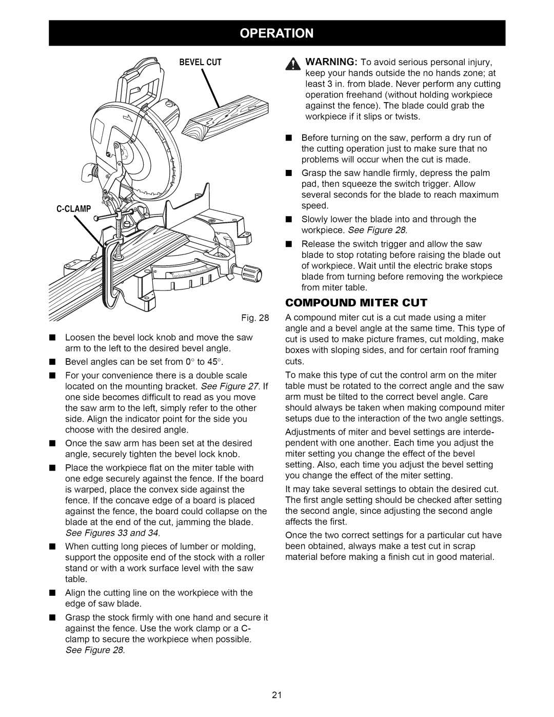 Craftsman 315.21222 owner manual Bevelcut Clamp, Compound Miter CUT 