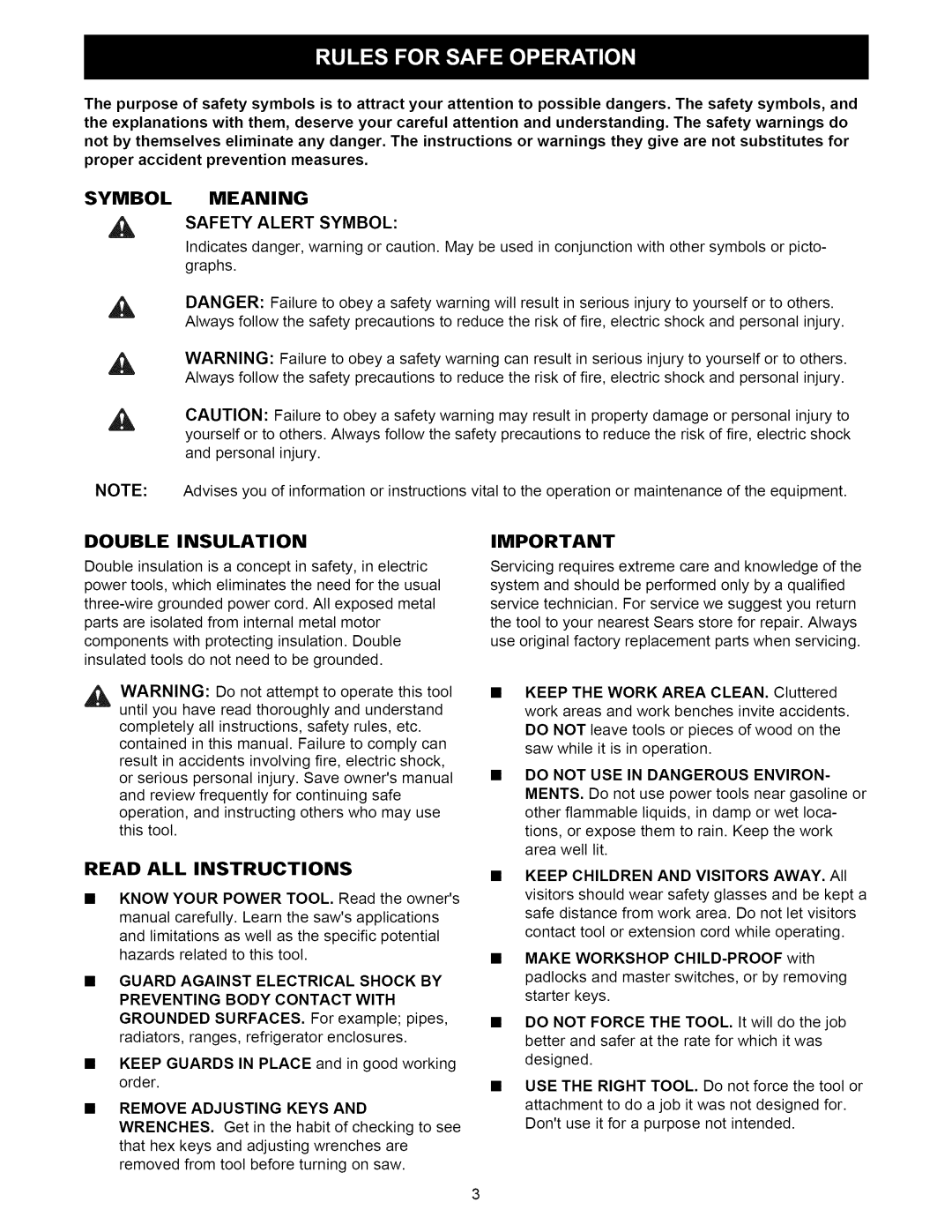 Craftsman 315.21222 Symbolmeaning Safety Alert Symbol, Double Insulation, Read ALL Instructions, Remove Adjusting Keys 