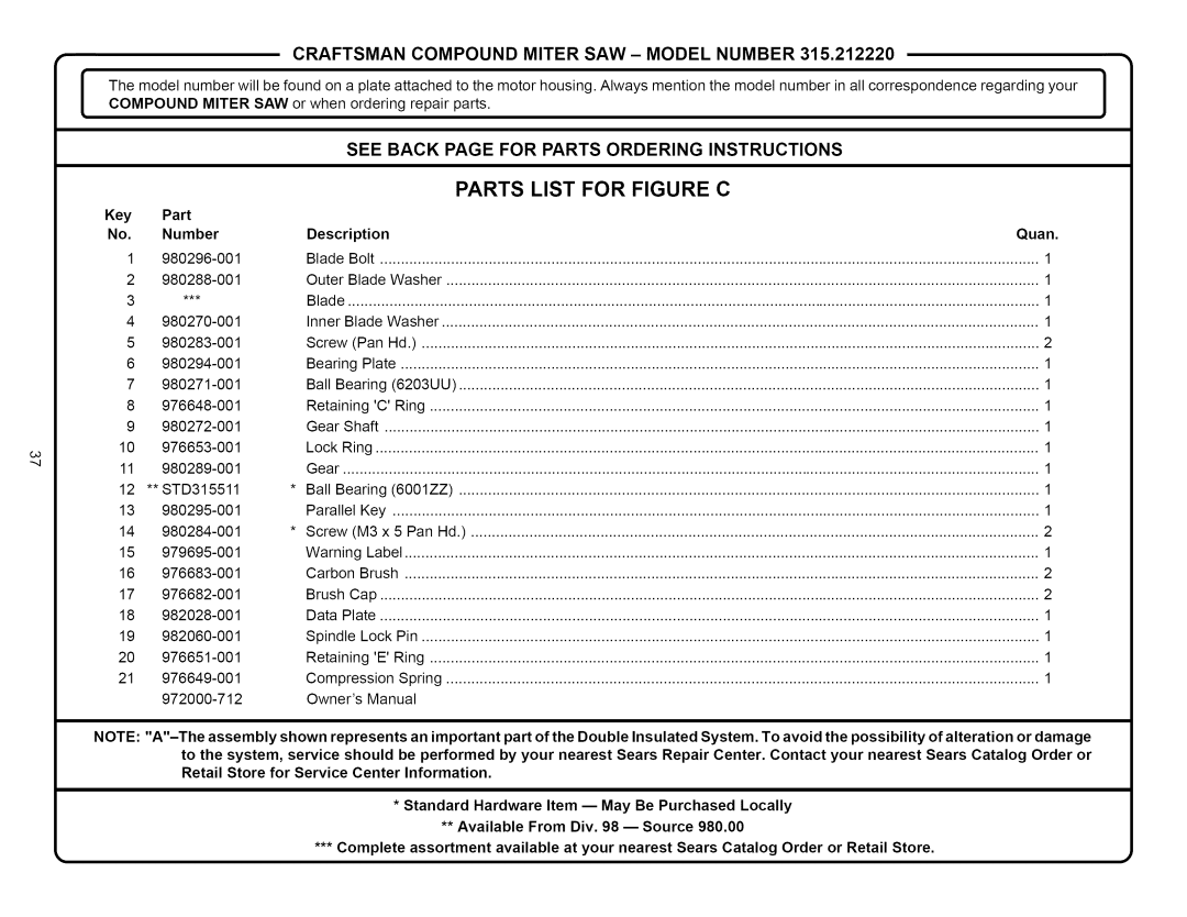 Craftsman 315.21222 owner manual See Back page for Parts Ordering Instructions, Description Quan, STD315511 