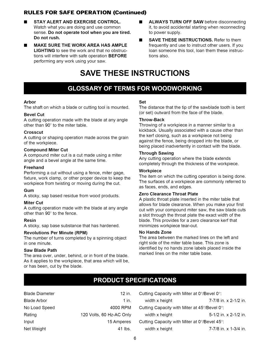 Craftsman 315.21222 owner manual Rules For Safe Operation, Area has Ample, Bevel Cut, Crosscut 