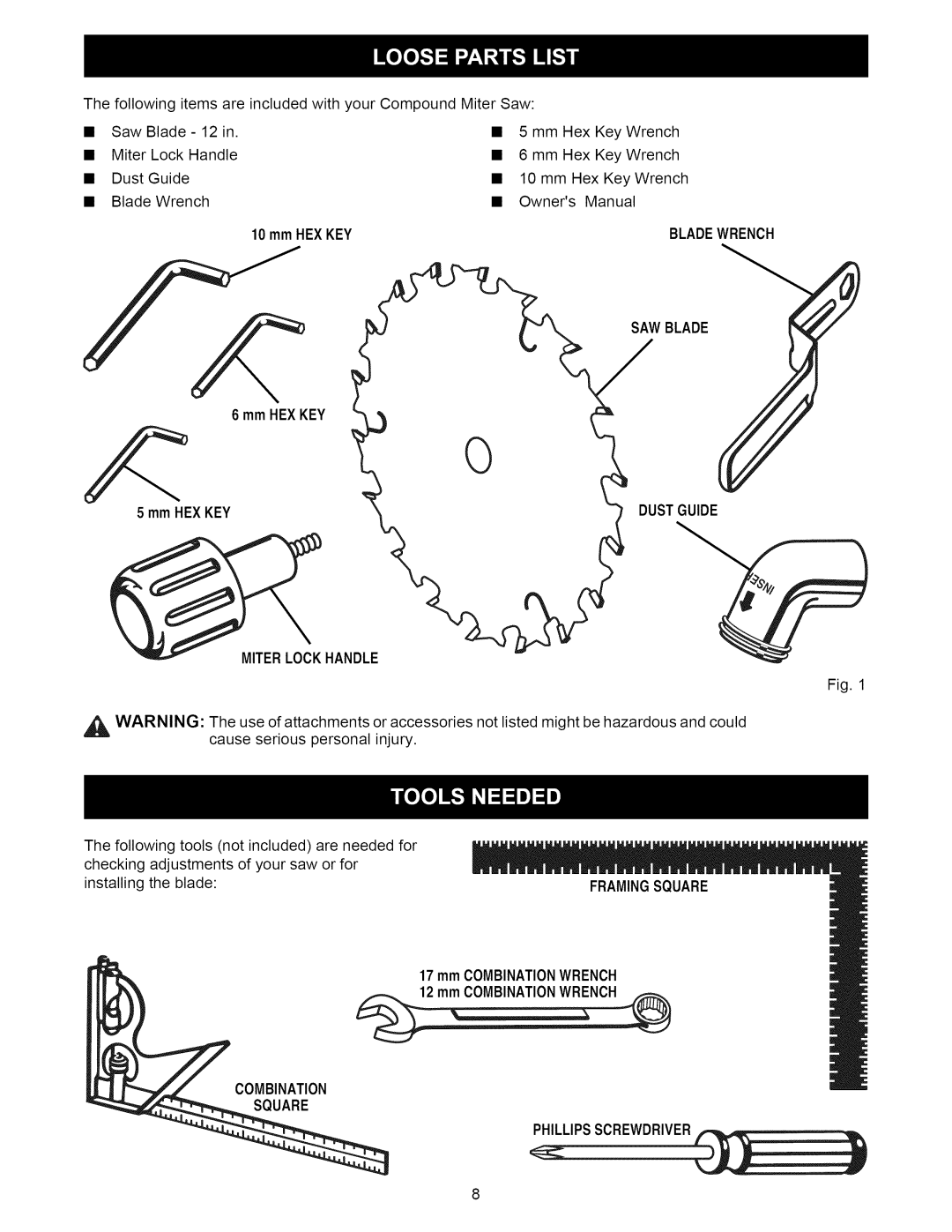 Craftsman 315.21222 owner manual Sawblade, Dustguide, Miterlockhandle, Framingsquare, Combination Square 