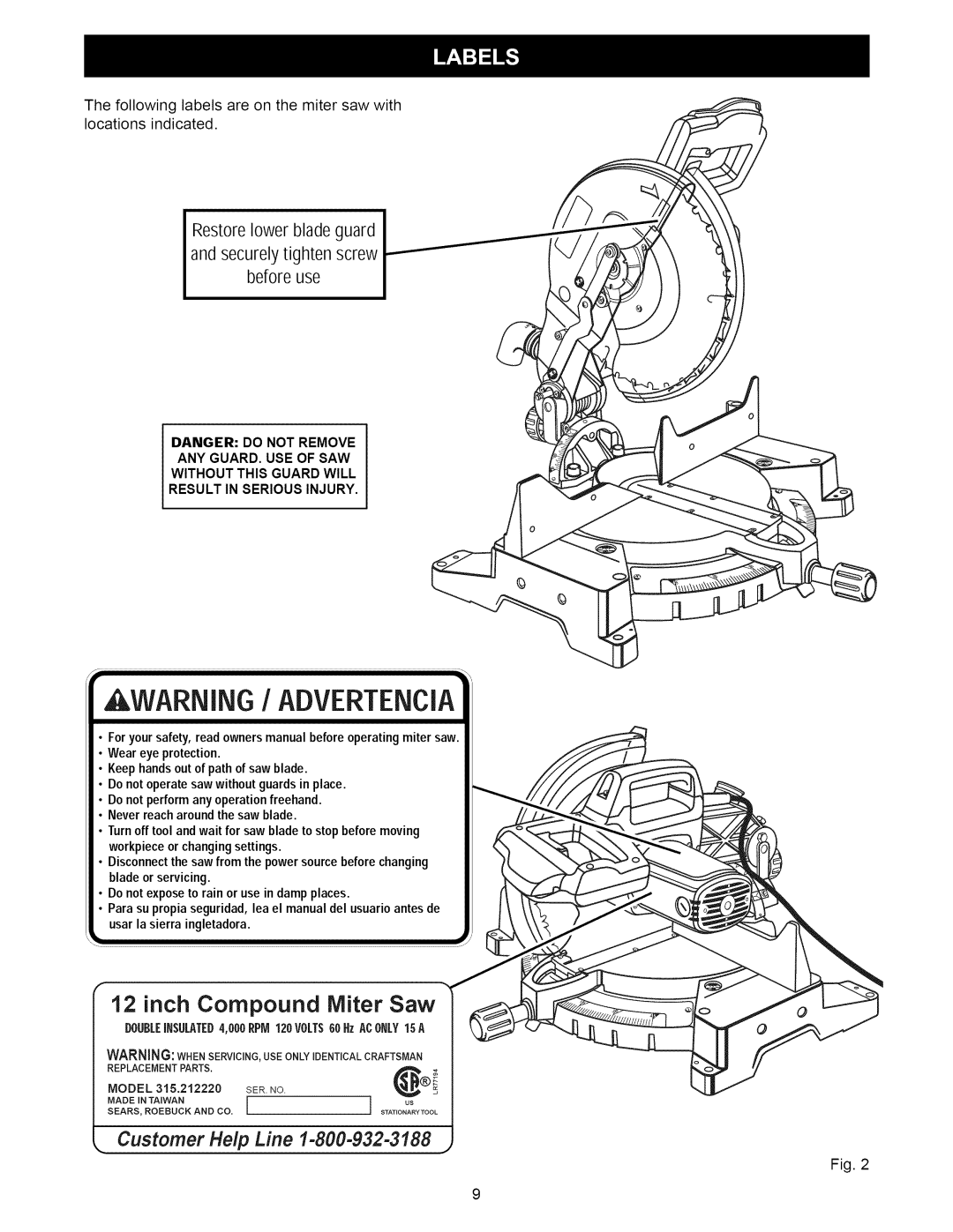 Craftsman 315.21222 owner manual Awarning / ADVERTENClA 