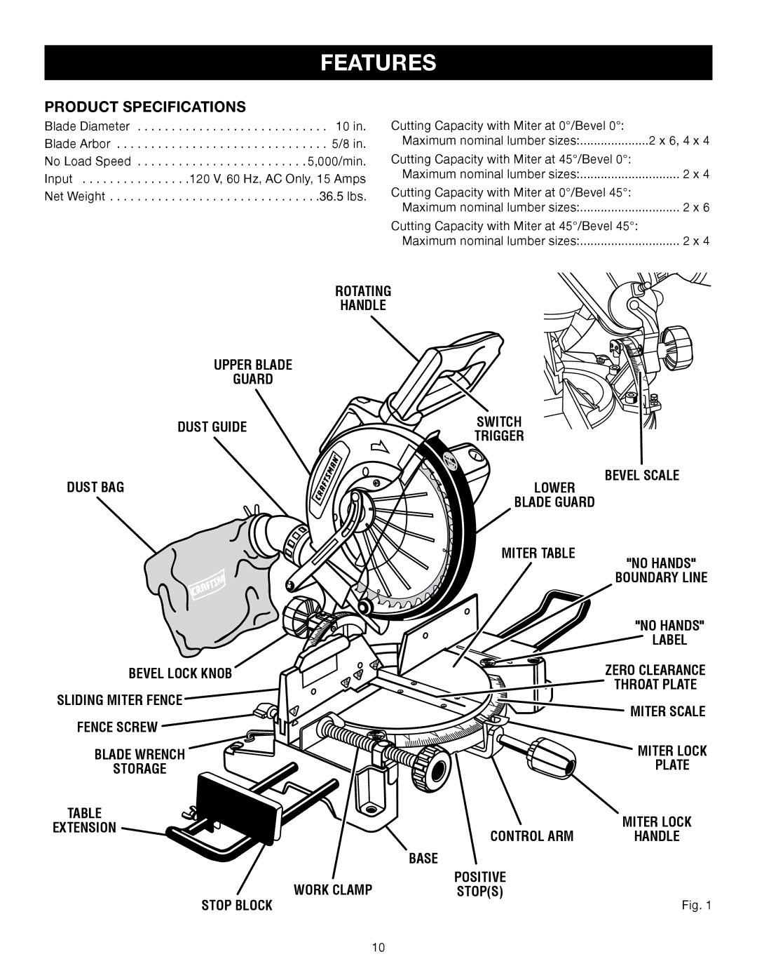 Craftsman 315.21234, 315.24234 manual Features, Product Specifications, Miter Scale 