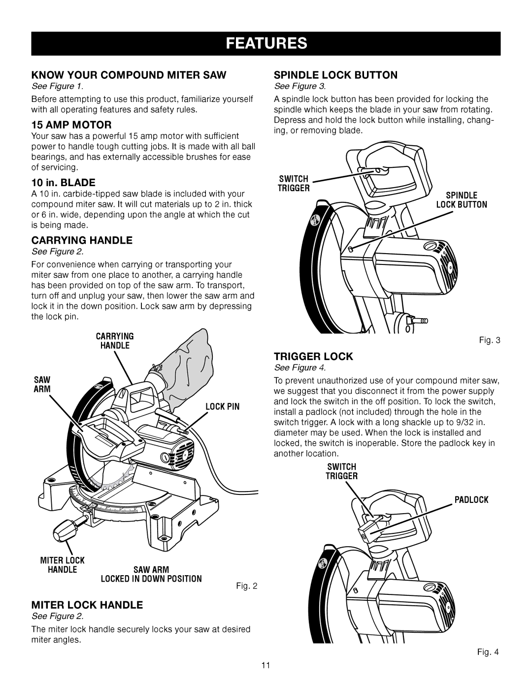 Craftsman 315.24234, 315.21234 Know Your Compound Miter SAW, AMP Motor, Carrying Handle, Spindle Lock Button, Trigger Lock 