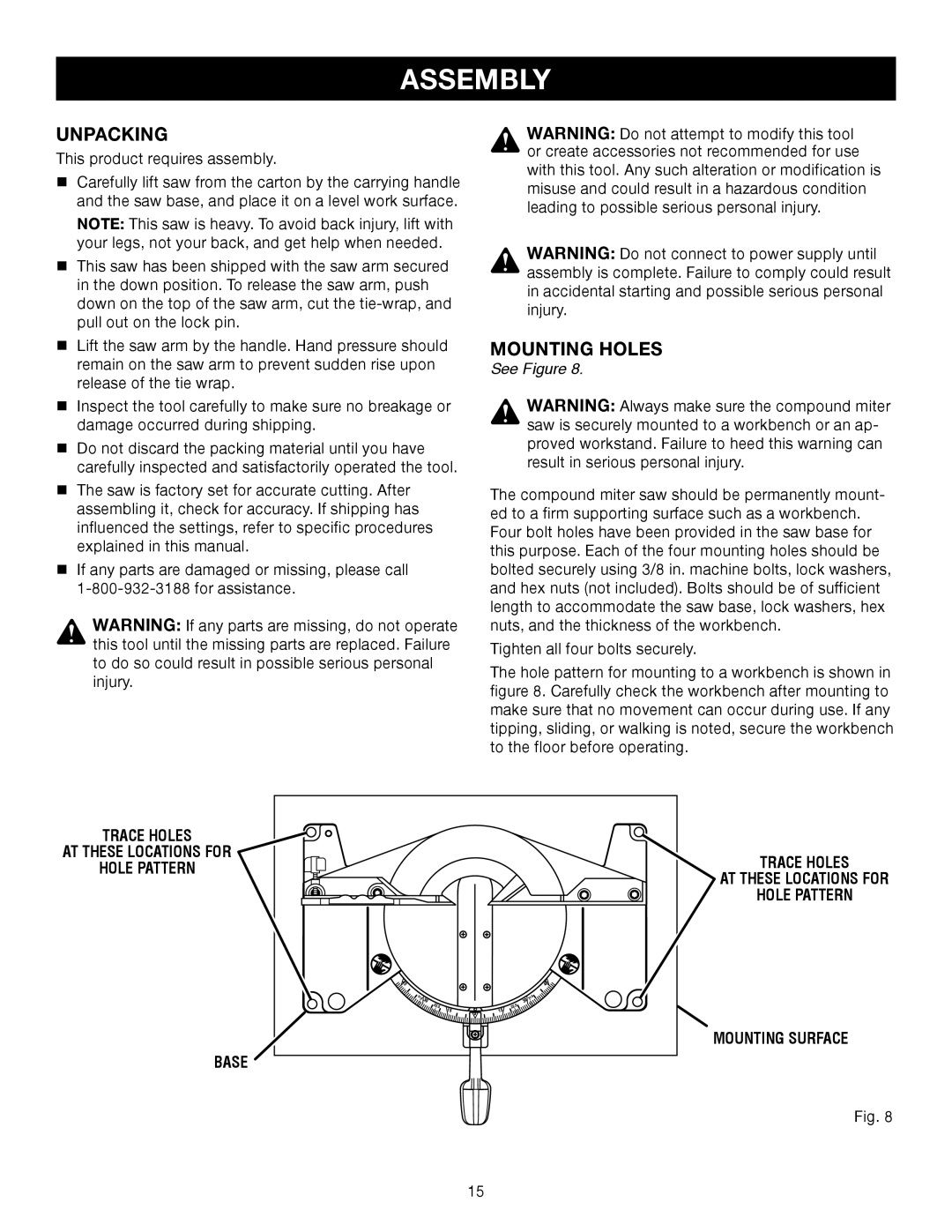 Craftsman 315.24234, 315.21234 manual Assembly, Unpacking, Mounting Holes 