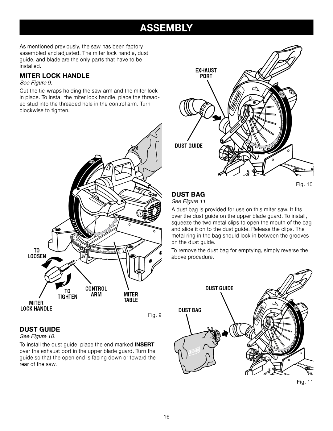 Craftsman 315.21234, 315.24234 manual Dust BAG, Loosen Exhaust Port Dust Guide, Miter 