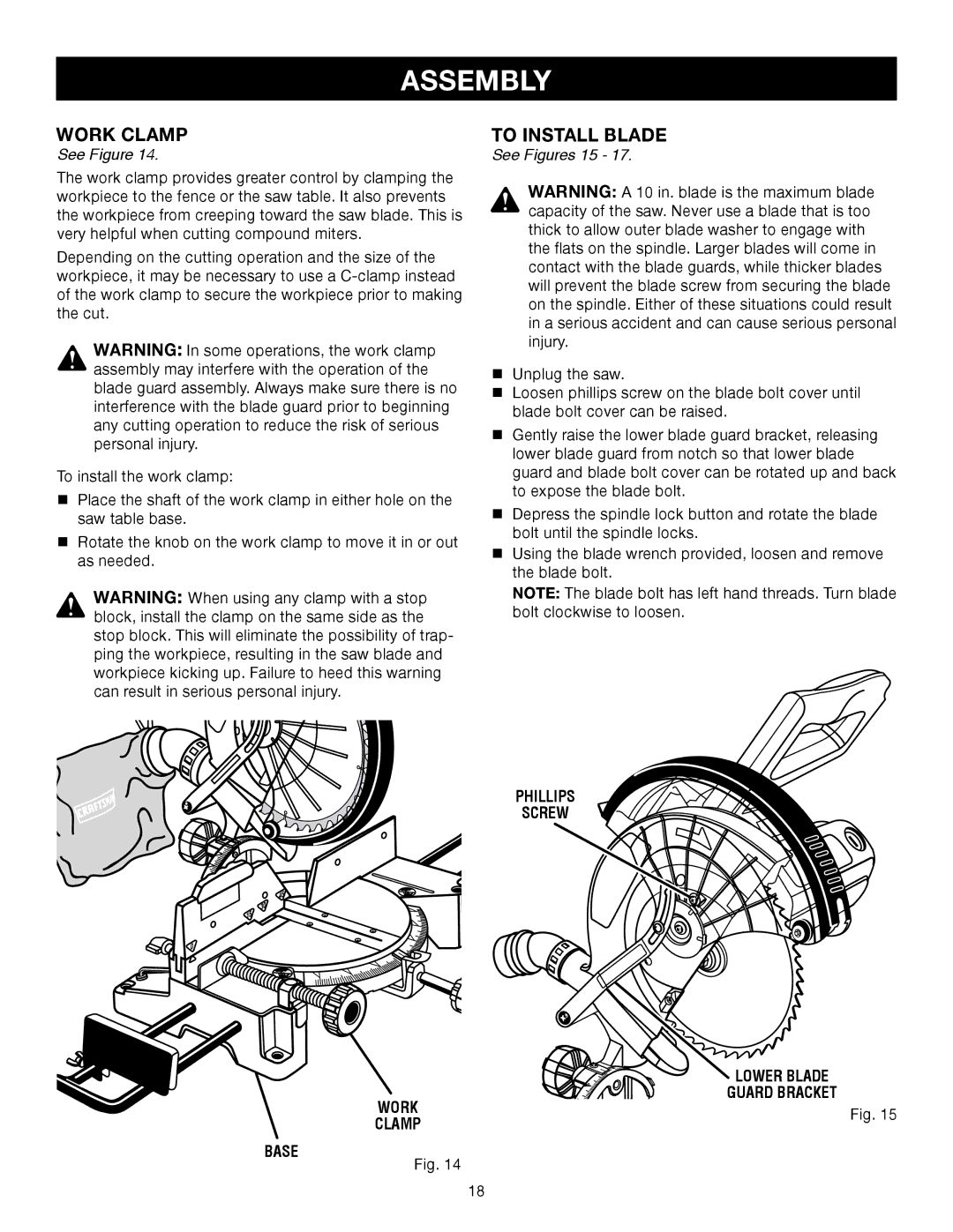 Craftsman 315.21234 manual To Install Blade, See Figures 15, Phillips Screw Work Clamp Base Lower Blade Guard Bracket 