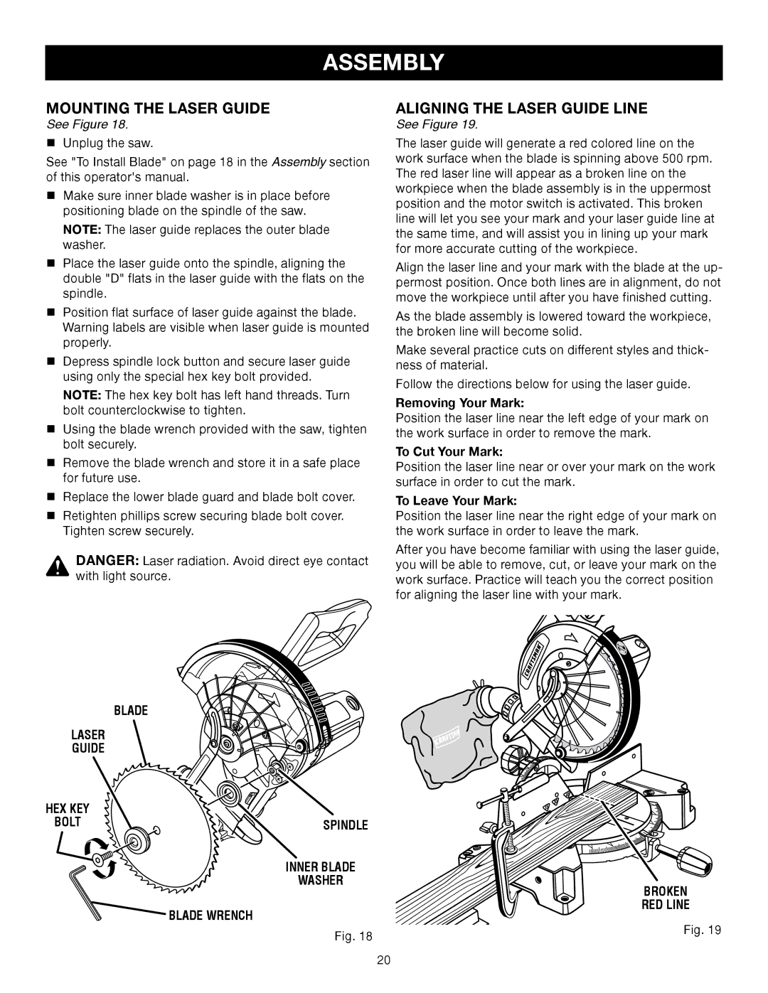 Craftsman 315.21234, 315.24234 Mounting the Laser Guide, Aligning the Laser Guide Line, Blade Laser Guide, Broken RED Line 