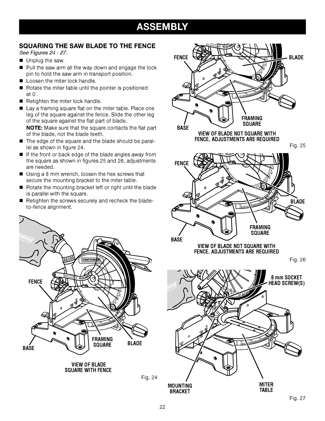 Craftsman 315.21234 manual Squaring the SAW Blade to the Fence, See Figures 24, Base Framing Square, Mm Socket, Head Screws 