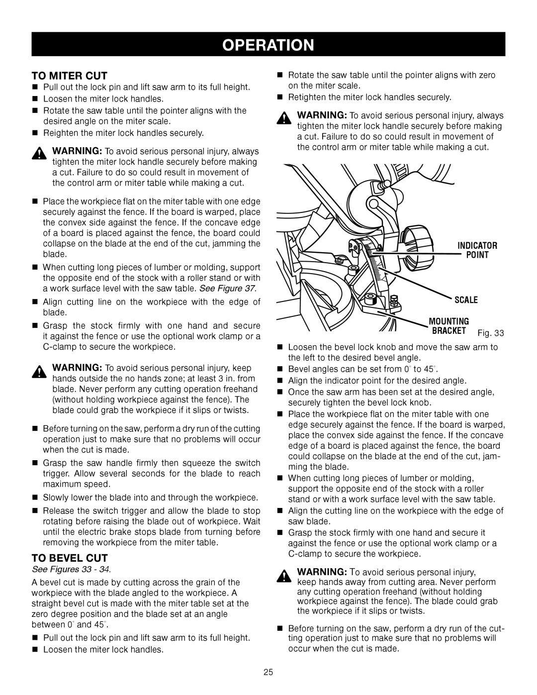 Craftsman 315.24234, 315.21234 To Miter CUT, To Bevel CUT, See Figures 33, Indicator Point Scale Mounting, Bracket Fig 