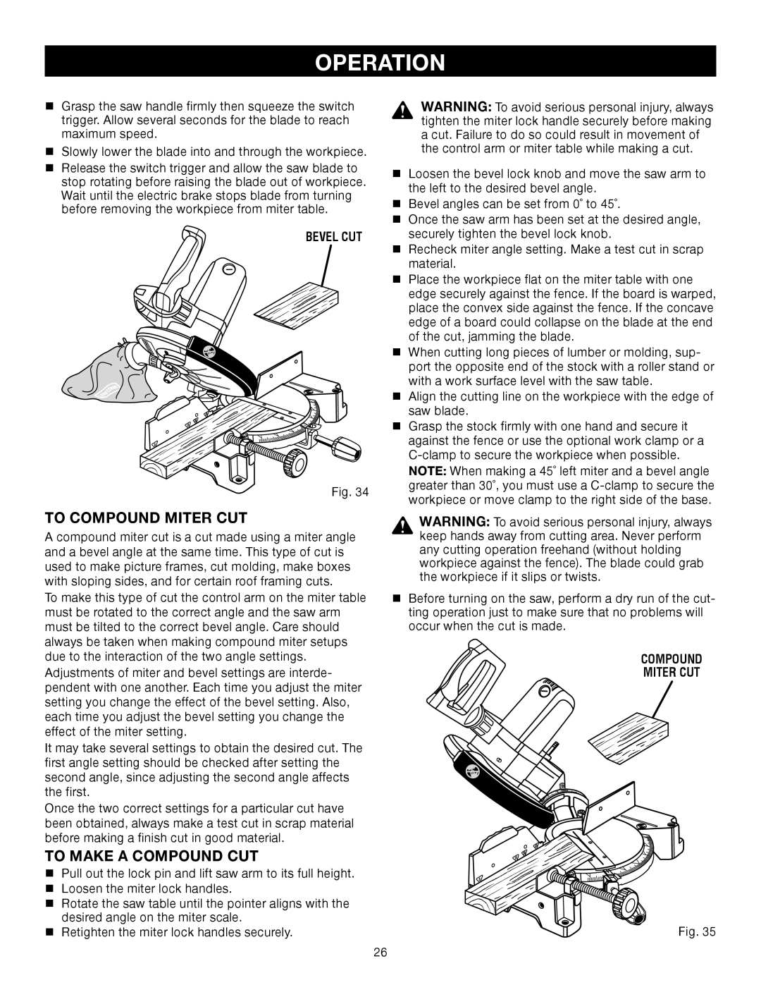 Craftsman 315.21234, 315.24234 manual To Compound Miter CUT, To Make a Compound CUT, Bevel CUT 