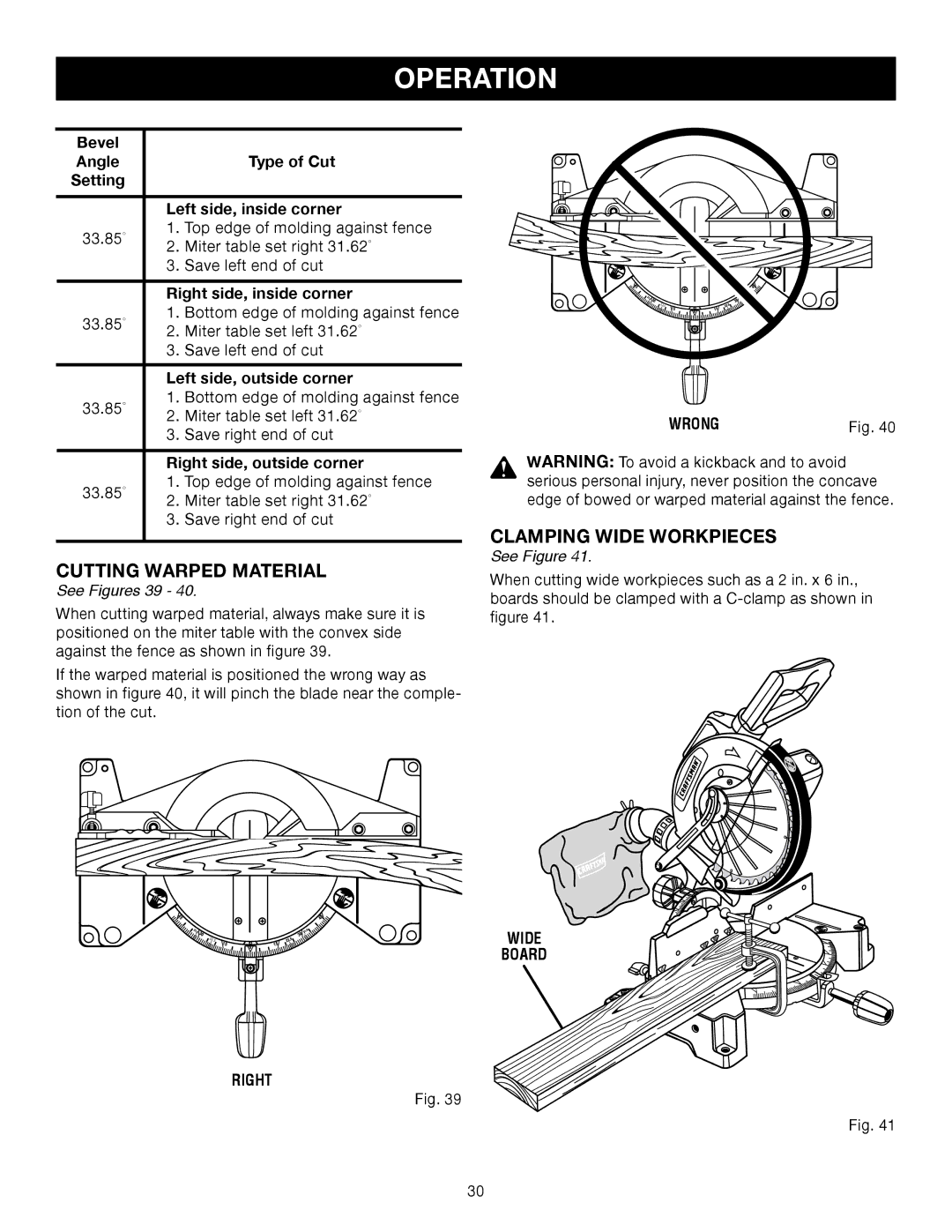 Craftsman 315.21234, 315.24234 Cutting Warped Material, Clamping Wide Workpieces, See Figures 39, Wrong, Right Wide Board 