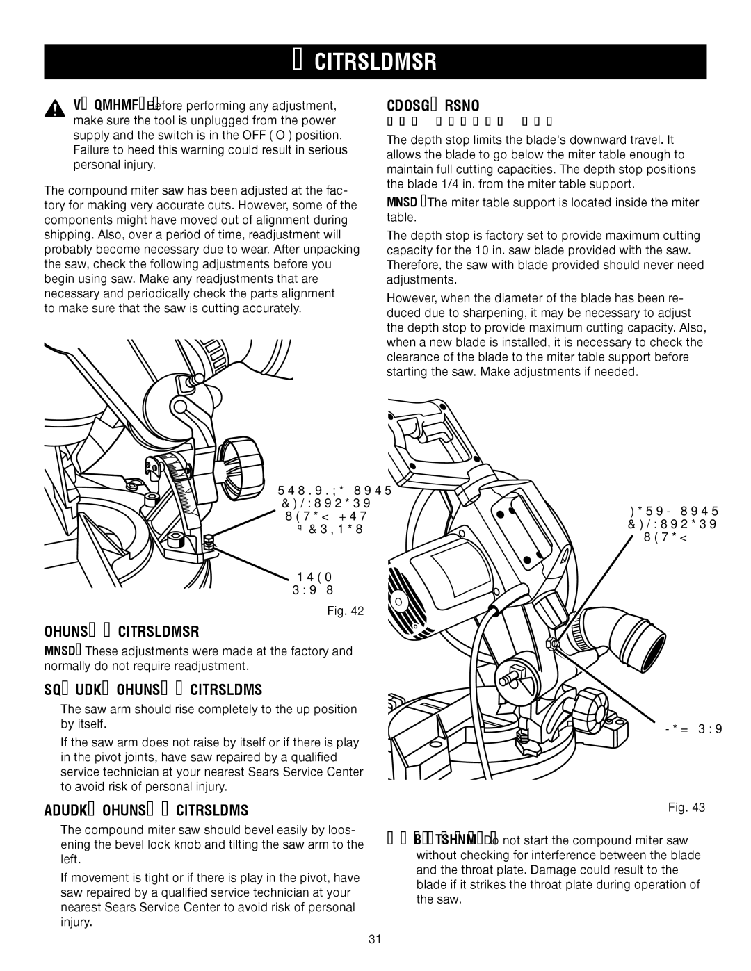 Craftsman 315.24234, 315.21234 manual Pivot Adjustments Travel Pivot Adjustment, Bevel Pivot Adjustment, Depth Stop 