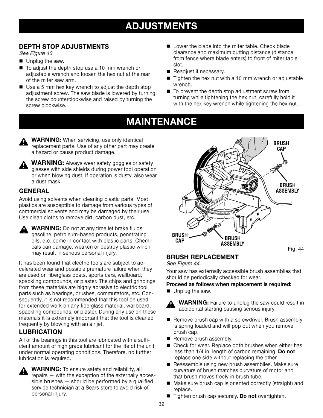 Craftsman 315.21234, 315.24234 manual Maintenance, Depth Stop Adjustments, General, Brush Replacement, Lubrication 