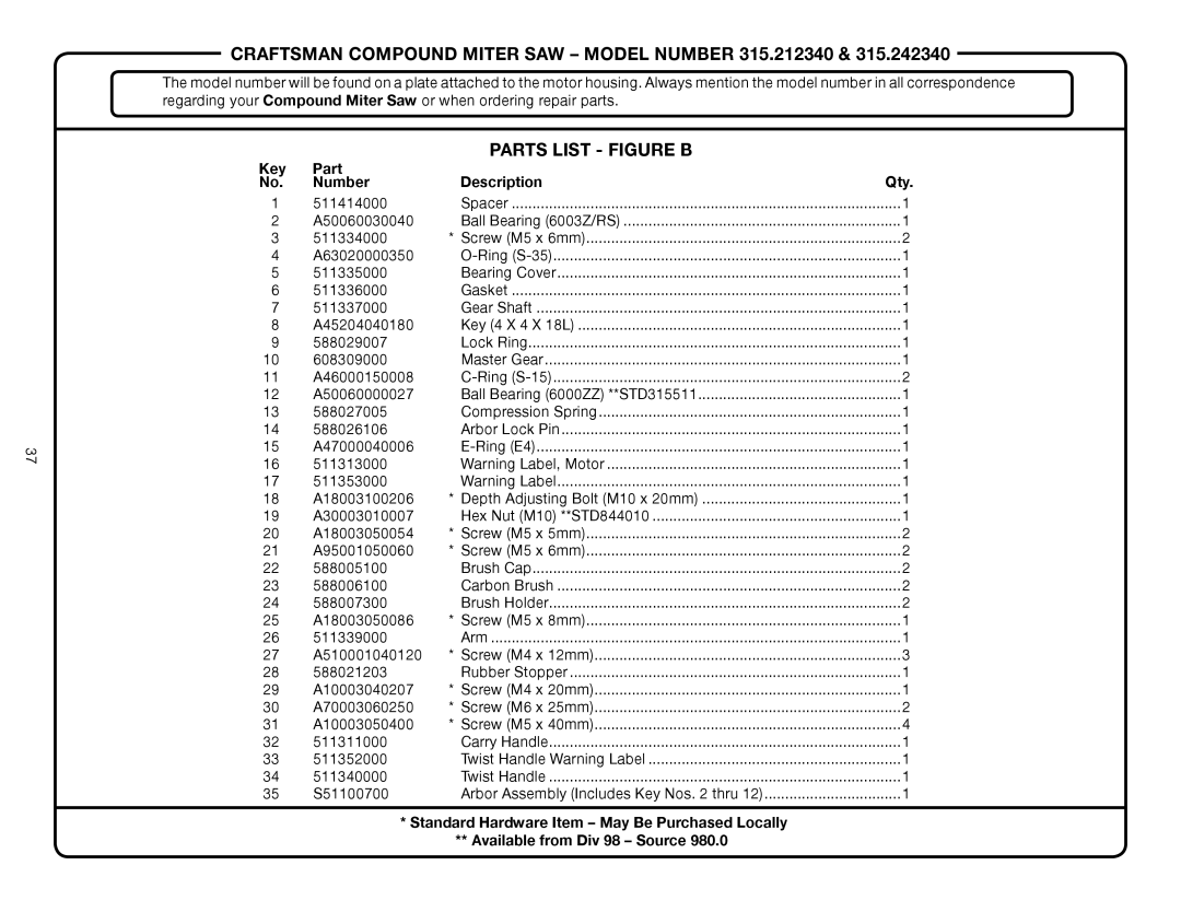 Craftsman 315.24234, 315.21234 manual Parts List Figure B 