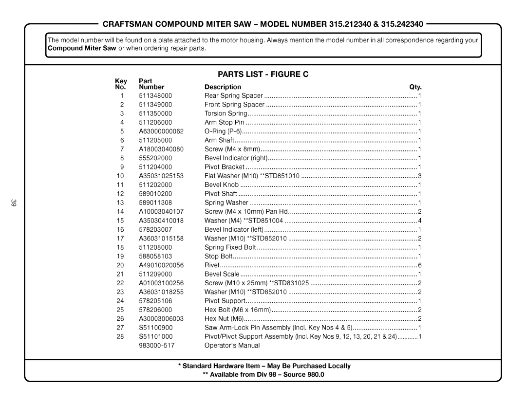 Craftsman 315.24234, 315.21234 manual Parts List Figure C, Key Part, Description Qty Number 