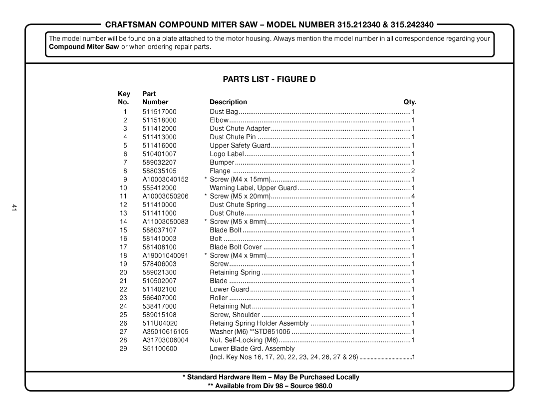 Craftsman 315.24234, 315.21234 manual Key Part Number Description Qty 