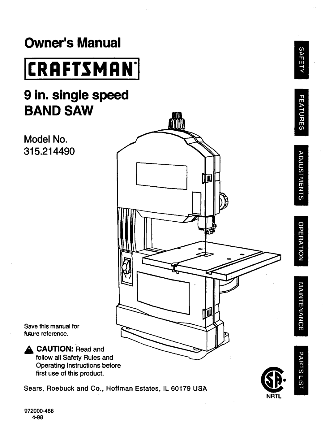 Craftsman 315.21449 owner manual Iirrftsmrni, Nrtl 