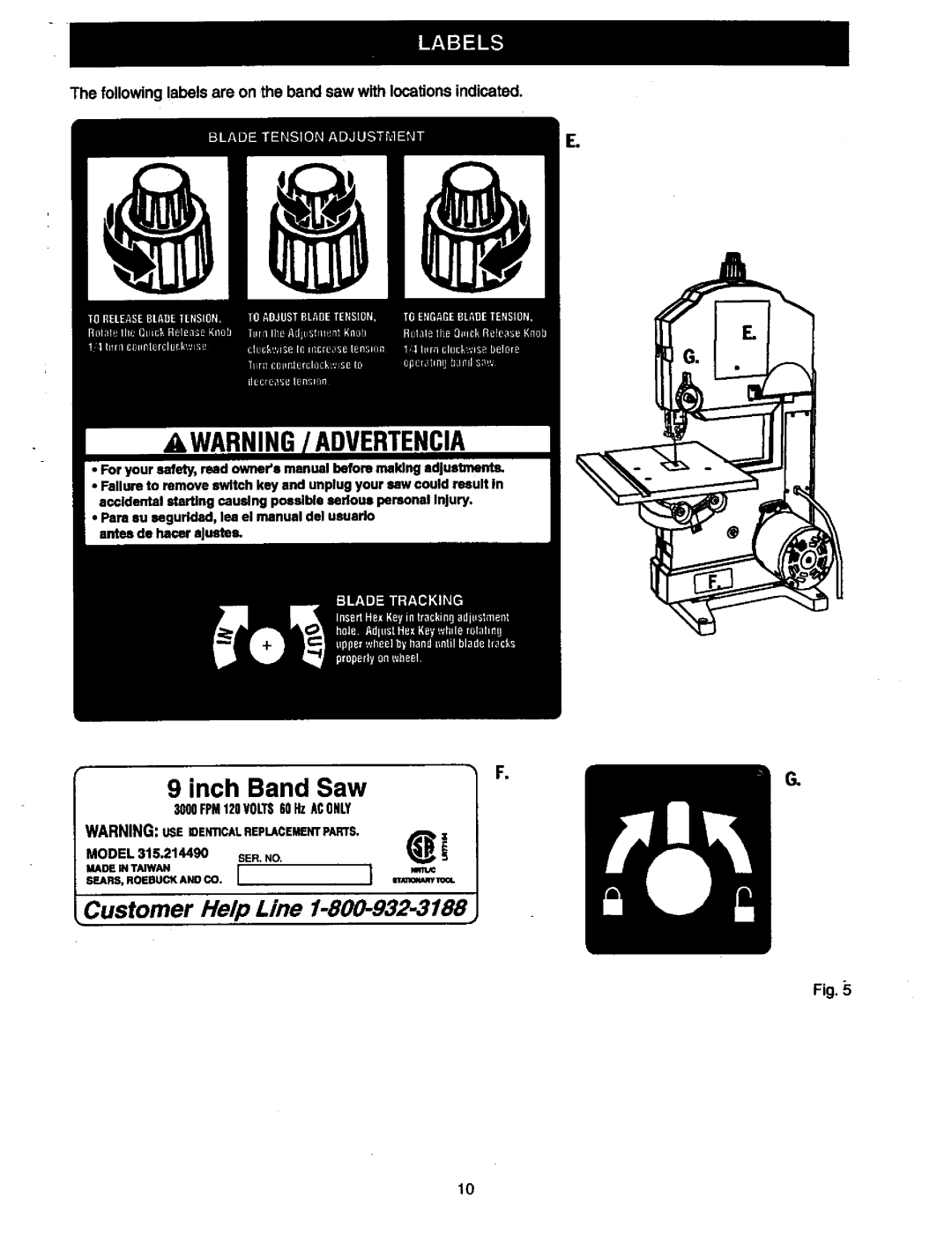 Craftsman 315.21449 owner manual Inch Band Saw 