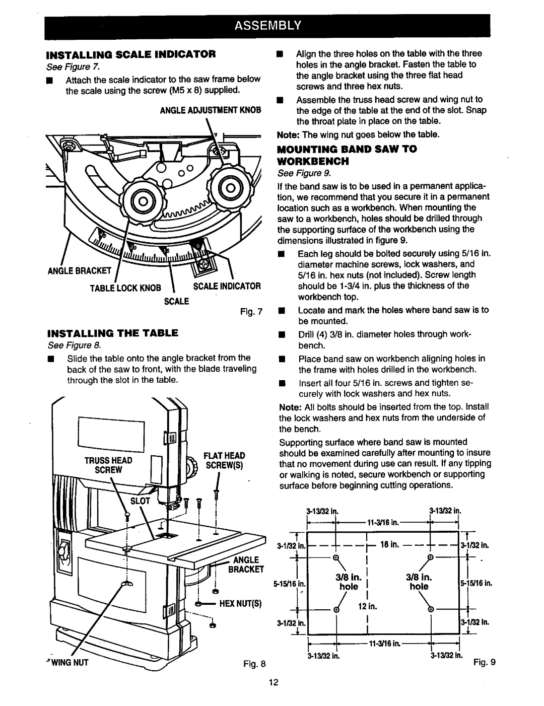 Craftsman 315.21449 owner manual Mounting Band SAW to Workbench, Trusshead Flat Head, Screwscrews, Bracket HEX Nuts 