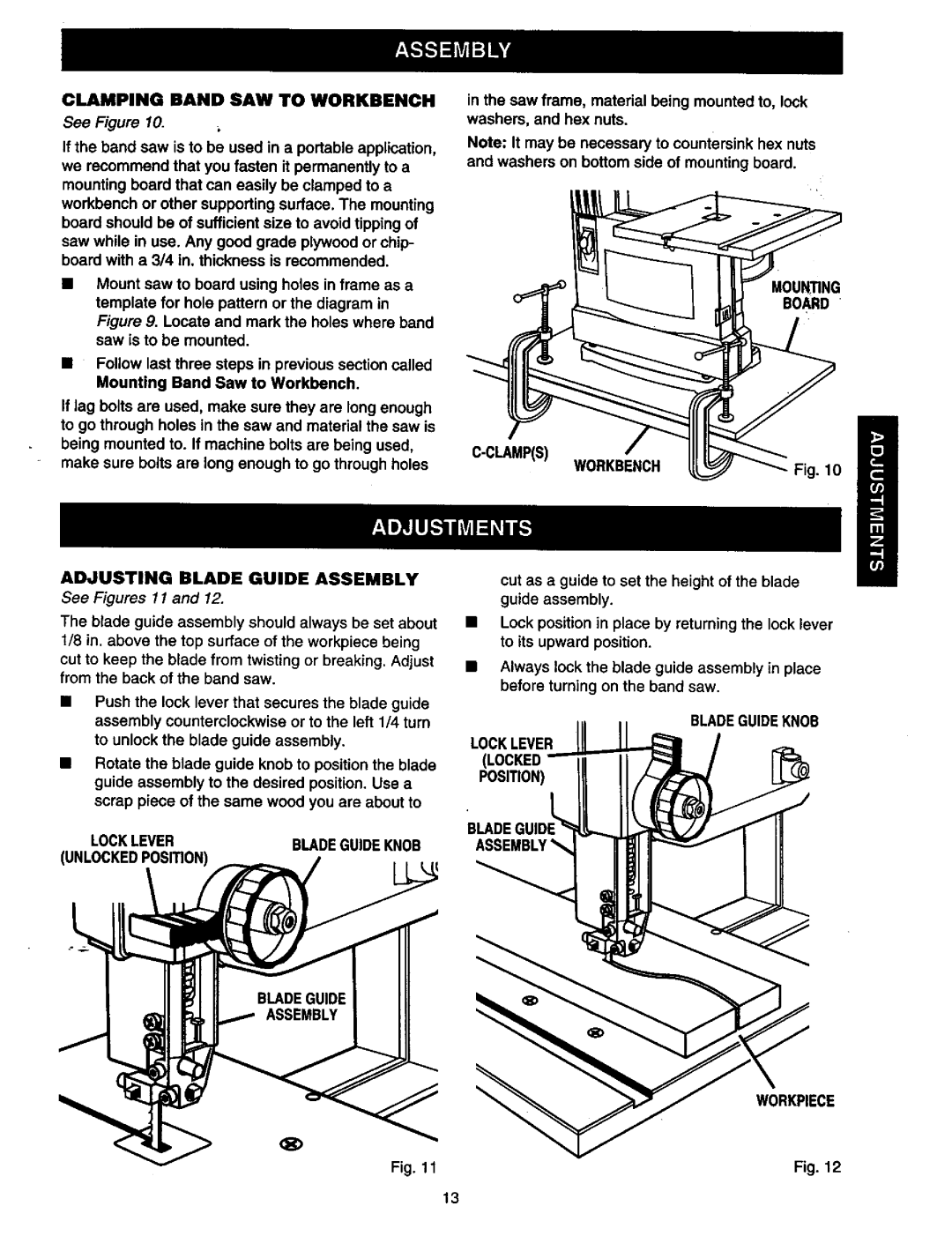 Craftsman 315.21449 Clamping Band SAW to Workbench, Adjusting Blade Guide Assembly, Mounting Board Clamps Workbench 