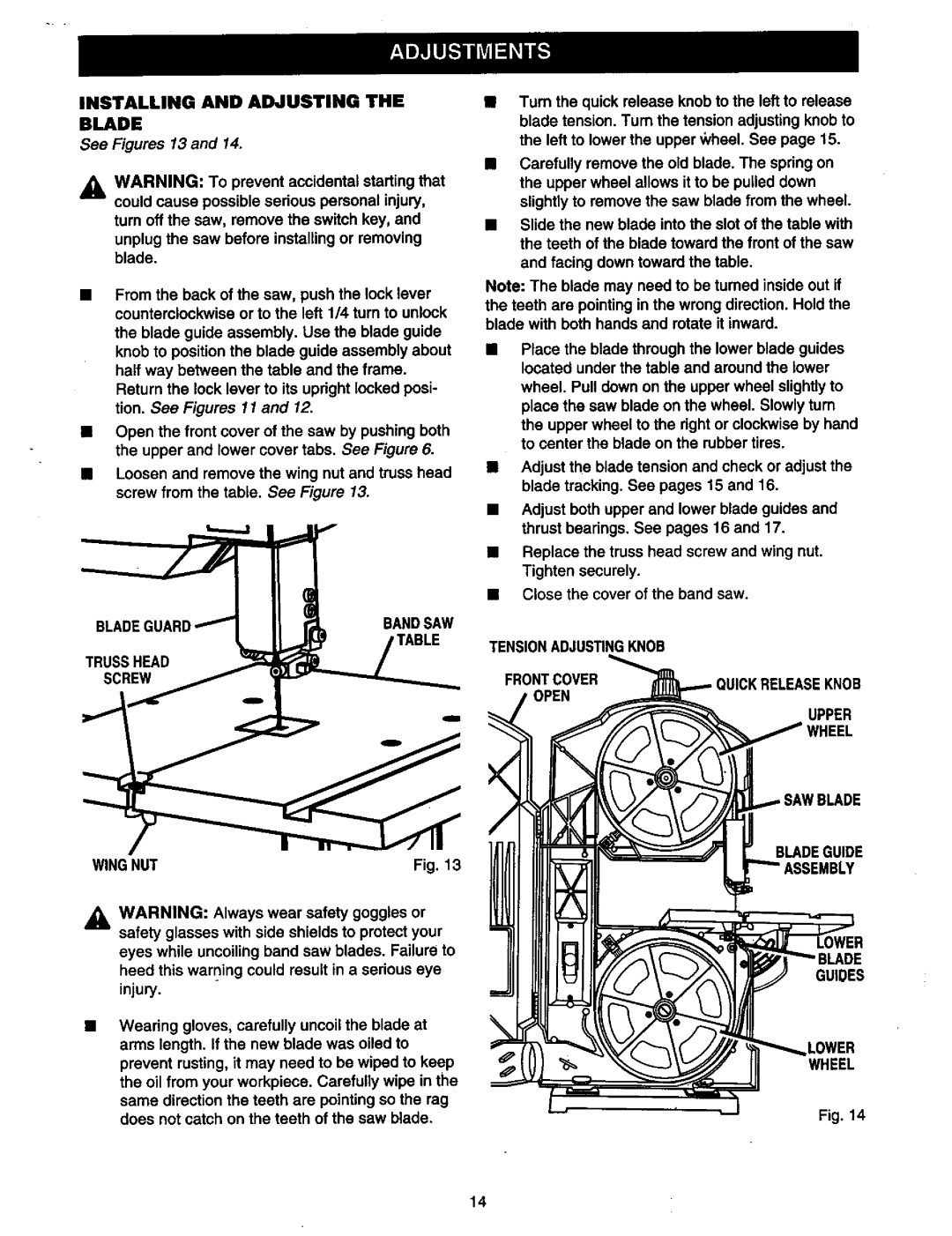 Craftsman 315.21449 Installing and Adjusting the Blade, BLADEGUARD/BANDSAW Trusshead Screw Wingnut, Guides, Wheel 