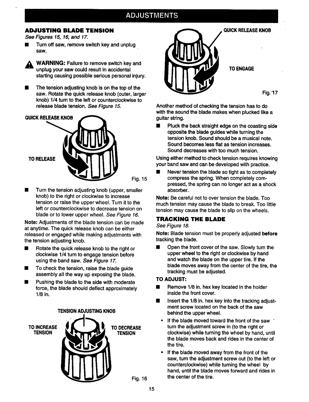 Craftsman 315.21449 owner manual Quickreleaseknob To Release, Tracking the Blade, To Adjust 