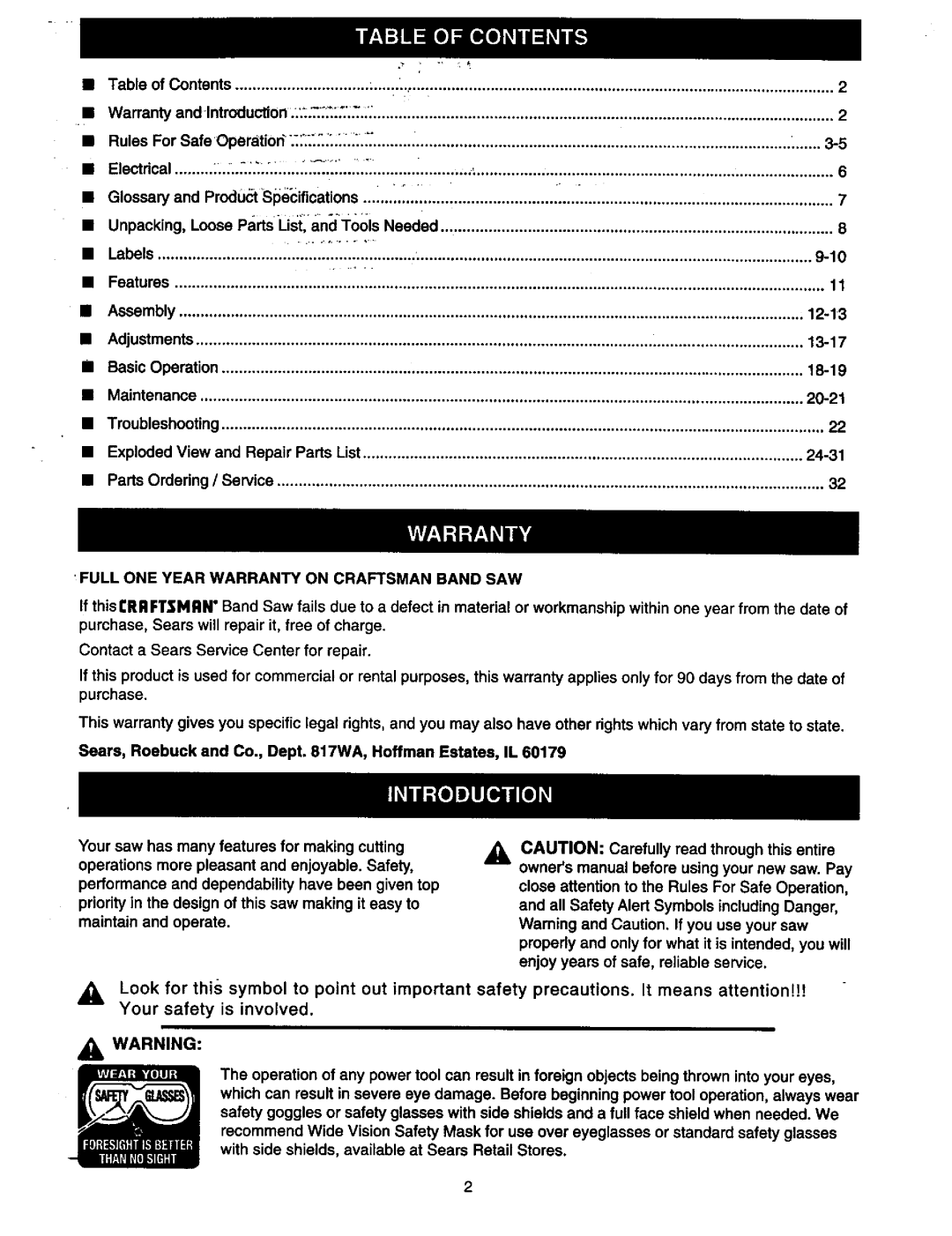 Craftsman 315.21449 owner manual Full ONE Year Warranty on Craftsman Band SAW 