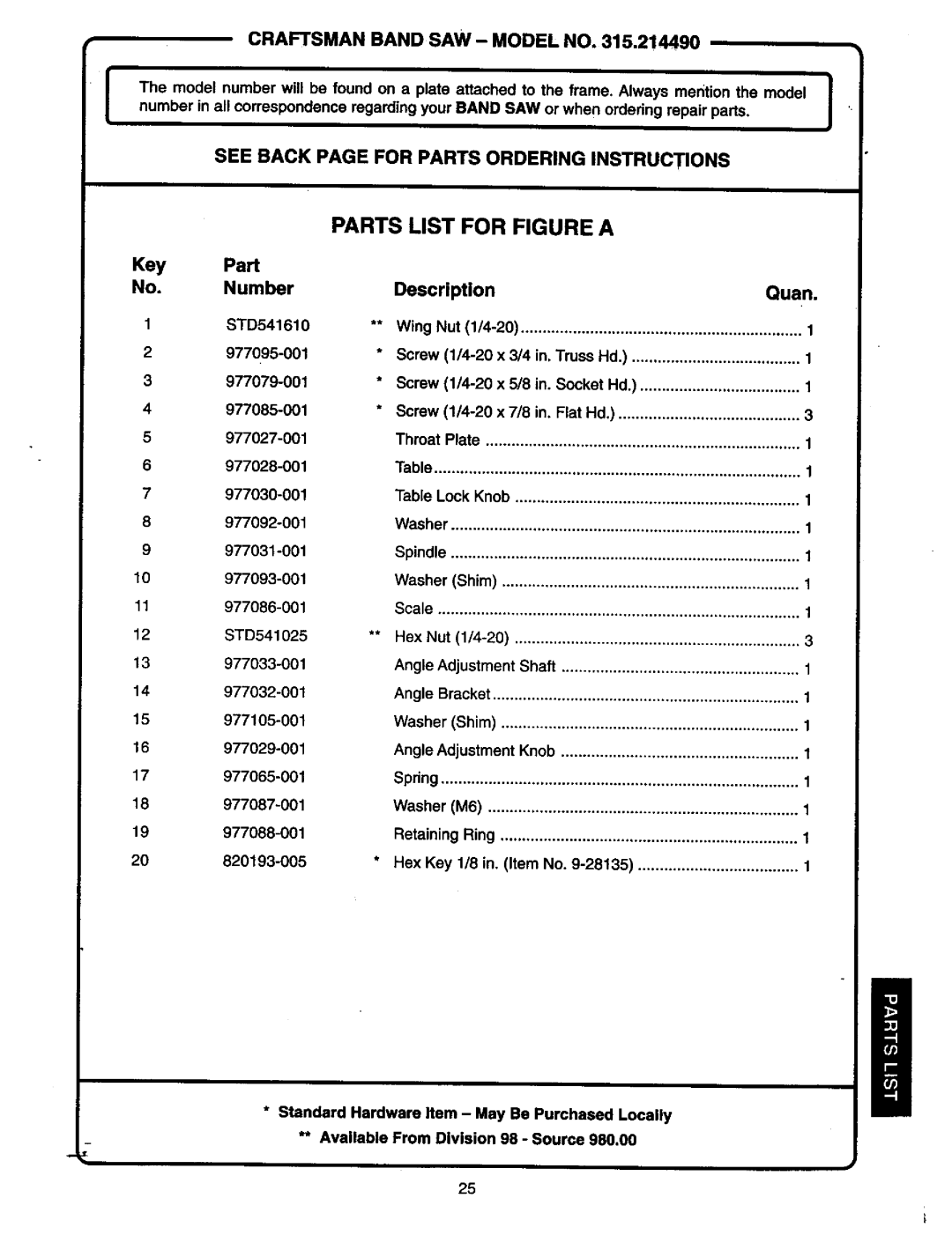 Craftsman 315.21449 owner manual Key Part No. Number, See Back page for Parts Ordering Instructions 