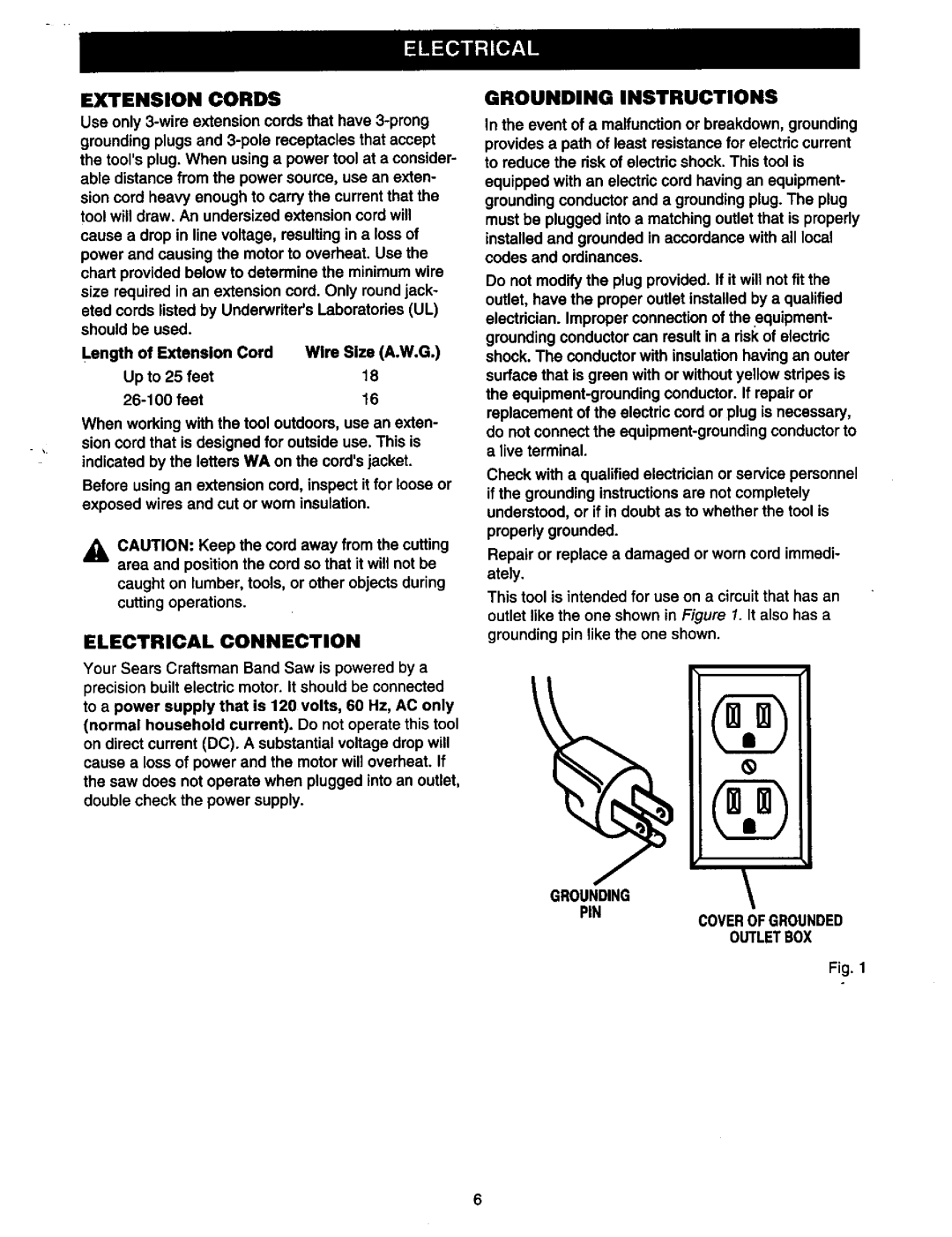 Craftsman 315.21449 owner manual Electrical Connection, Grounding Pincoverofgrounded Outletbox 