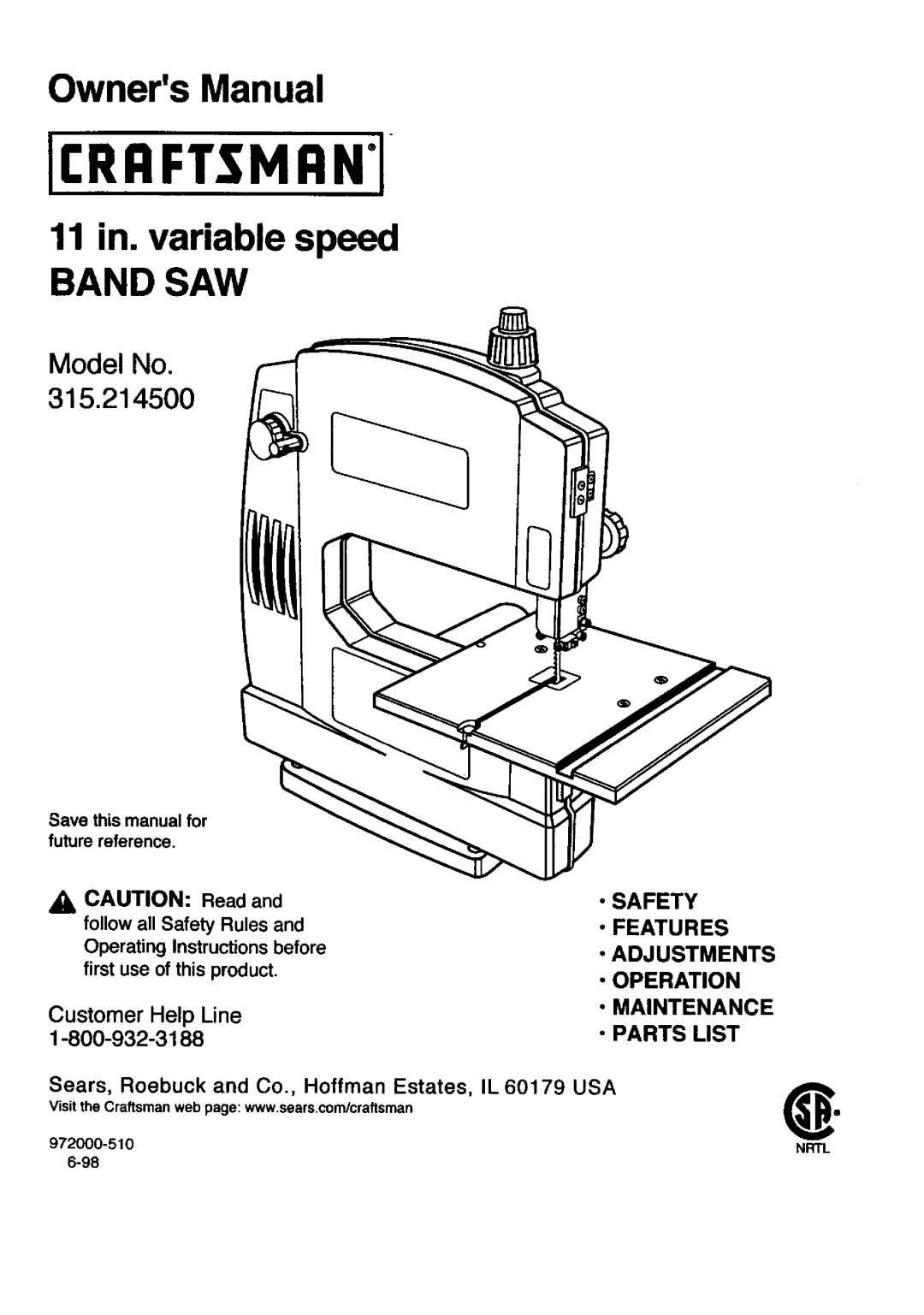 Craftsman 315.2145 owner manual OwnersManual, Save this manual for 