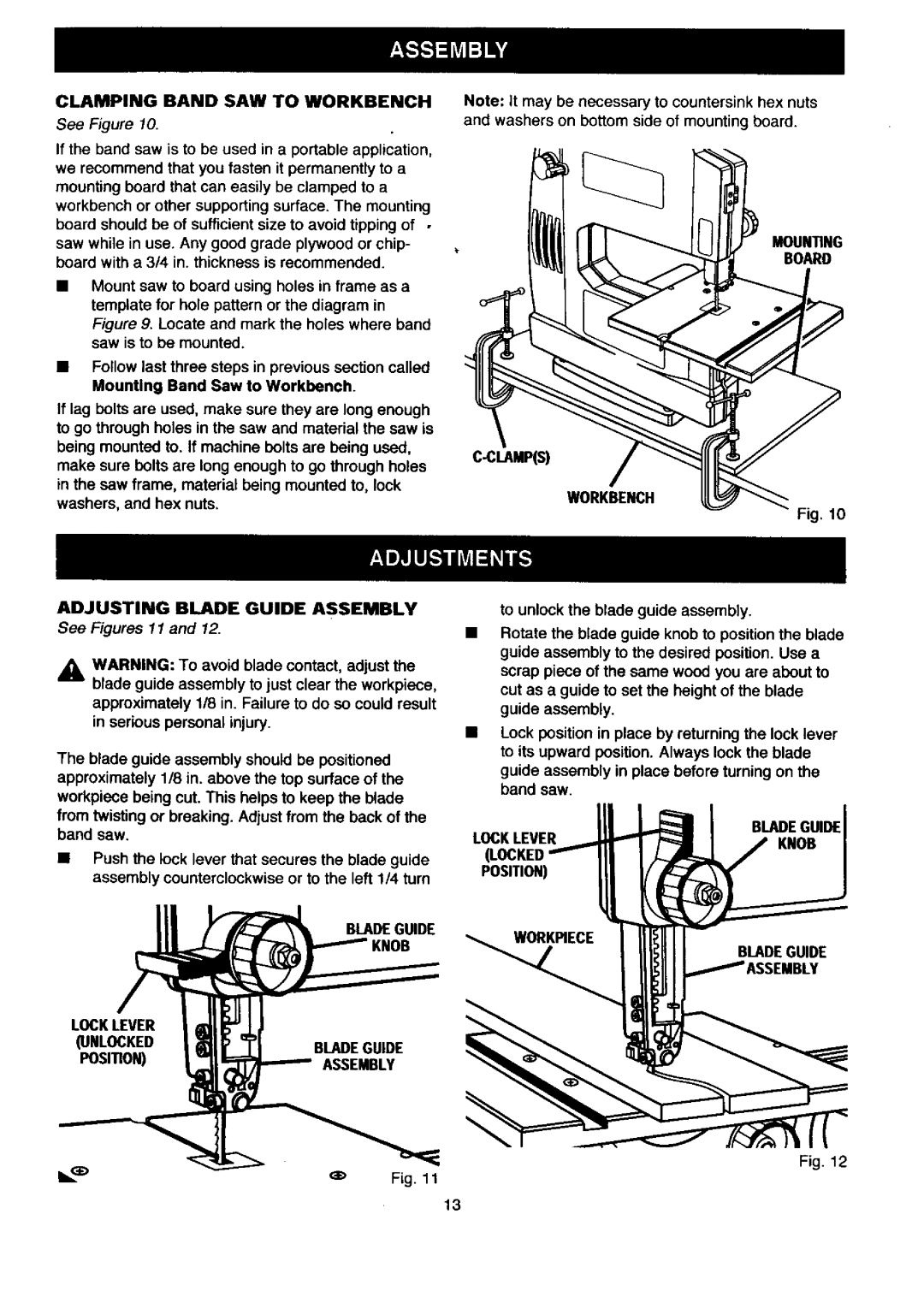 Craftsman 315.2145 owner manual Clamping Band SAW to Workbench, Adjusting Blade Guide Assembly, Unlockedbladeguide 