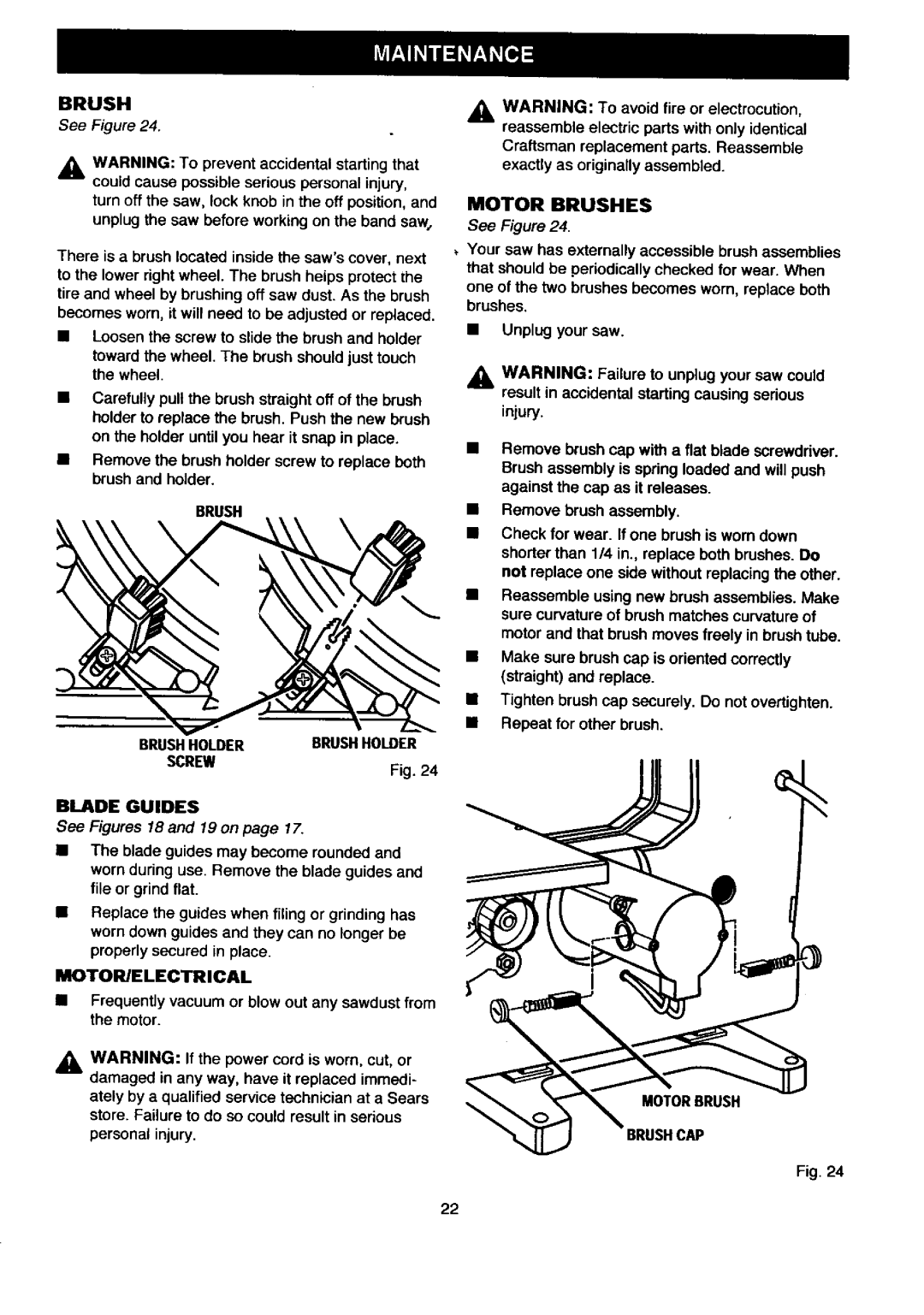 Craftsman 315.2145 owner manual Motor Brushes, Brush Brushholder Screw Blade Guides, Motor/Electrical, Unplug your saw 