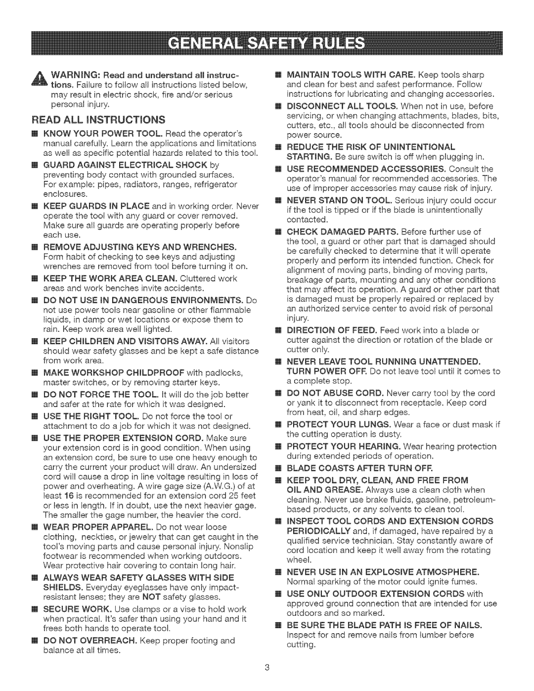 Craftsman 315.21477 manual Read ALL mNSTRUCTmONS, Blade Coasts After Turn OFF 