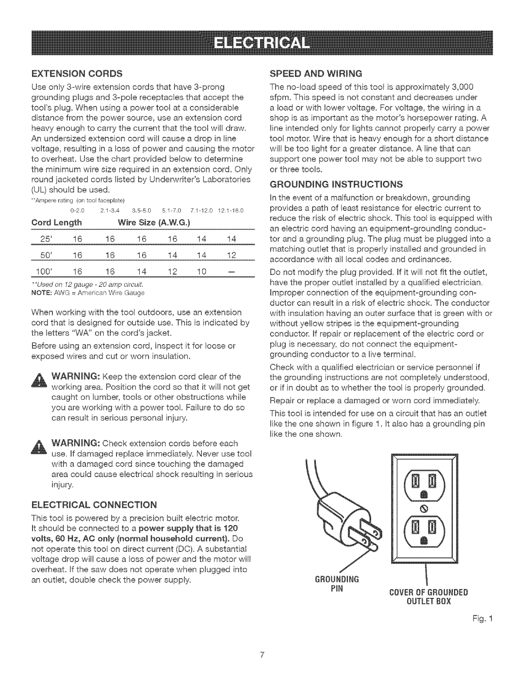 Craftsman 315.21477 manual Extension Cords, Electrical Connection, Speed and Wiring, Grounding 