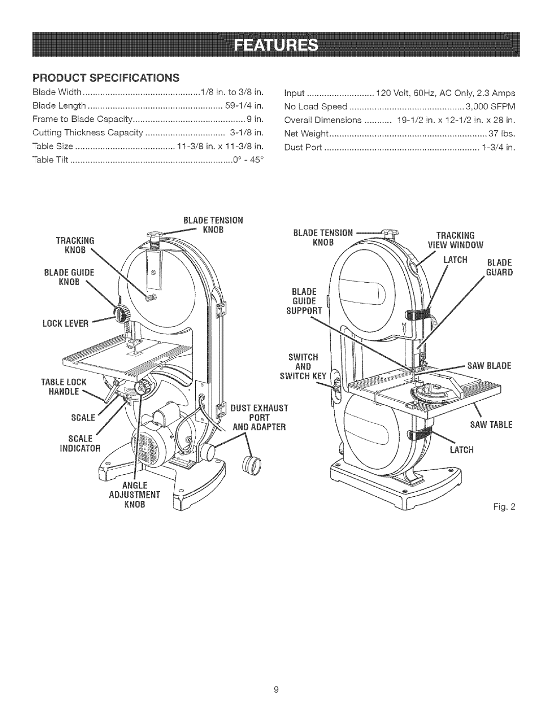 Craftsman 315.21477 Product SPECmFmCATmONS, Locklever Scale Indicator Bladetension Knob, Viewwindow, Angle Aojubtment Knob 