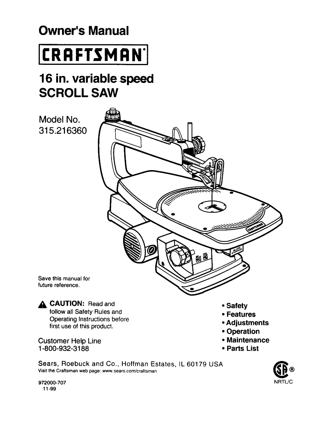 Craftsman 315.21636 owner manual OwnersManual, Save this manual for future reference 