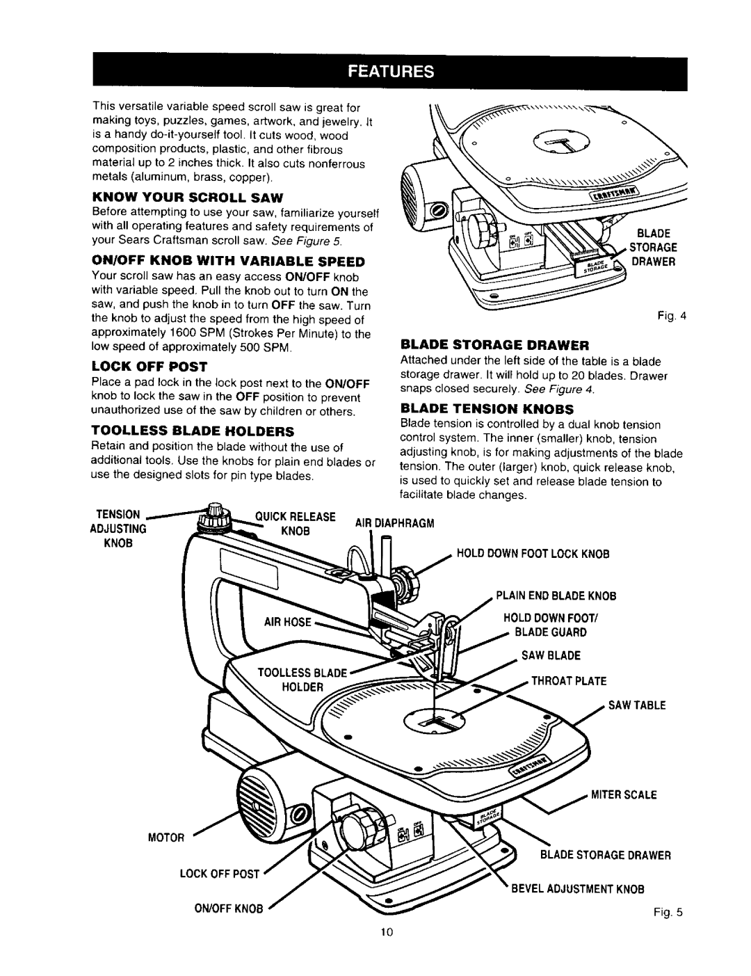 Craftsman 315.21636 Lock OFF Post, Toolless Blade Holders, Blade Storage Drawer, Tensionquickrelease Adjustingknob Knob 