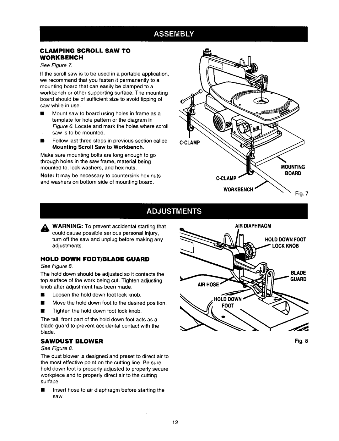 Craftsman 315.21636 Turn off the saw and unplug before making any adjustments, Clamp Mounting Board Clamf Workbench 